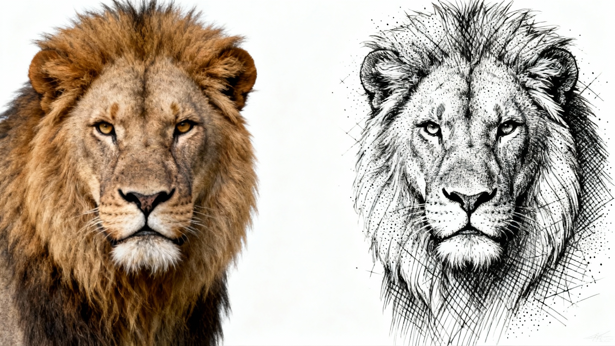 A side-by-side comparison illustrating a photo-to-ink-drawing effect. The left image is a color photo of a lion's head, and the right image is a detailed black and white ink drawing of the same lion.