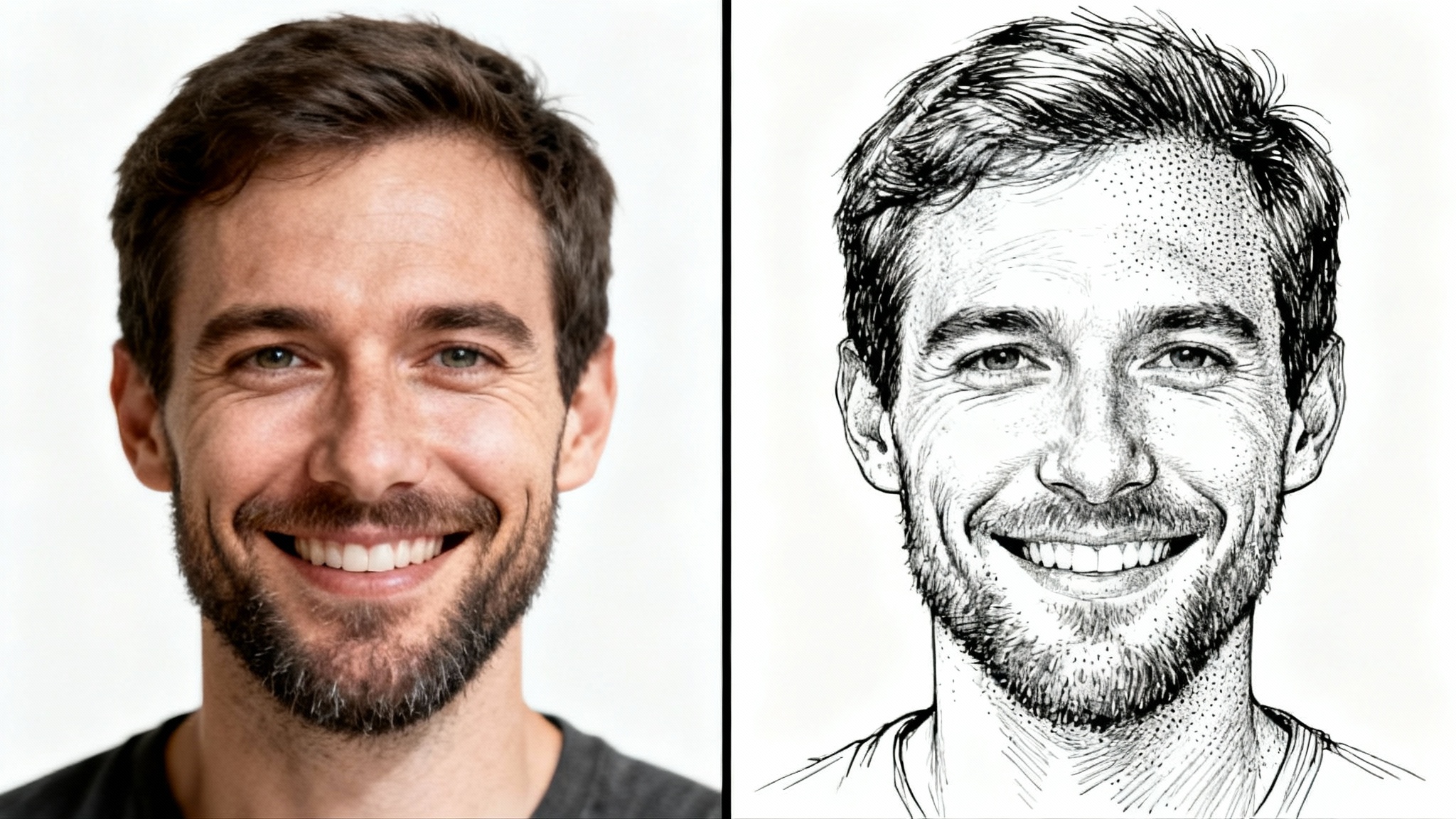 A split-image showing a man's portrait, with the left side being a realistic photograph and the right side being a detailed black ink drawing, demonstrating the 'ink drawing from photo' effect.