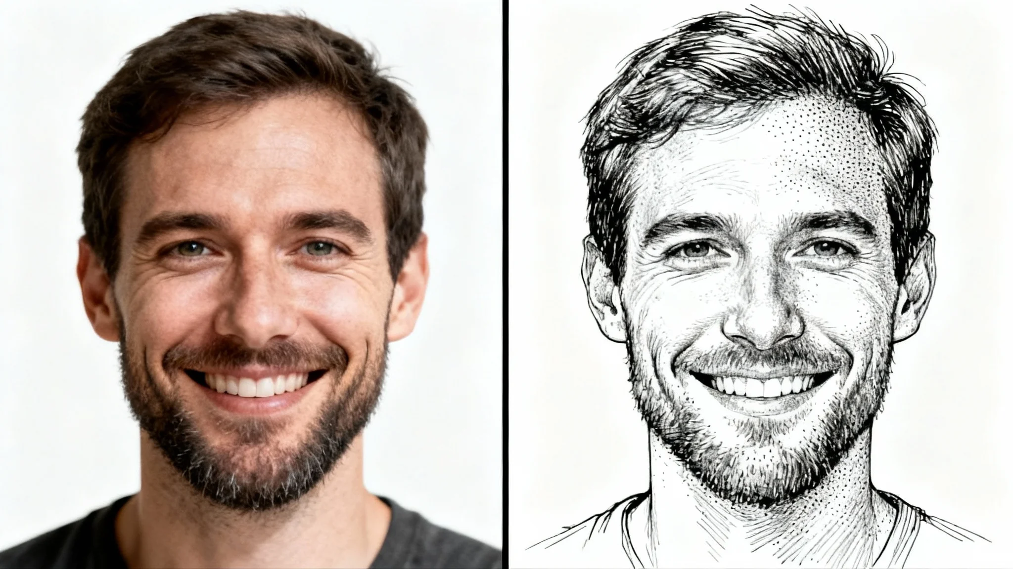 A split-image showing a man's portrait, with the left side being a realistic photograph and the right side being a detailed black ink drawing, demonstrating the 'ink drawing from photo' effect.