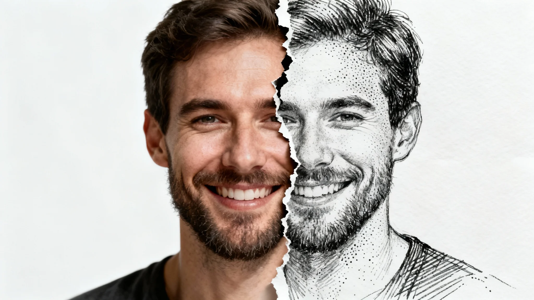 A side-by-side comparison showing a man's face, half as a realistic color photograph and half as a detailed black ink drawing, set against a plain white background.