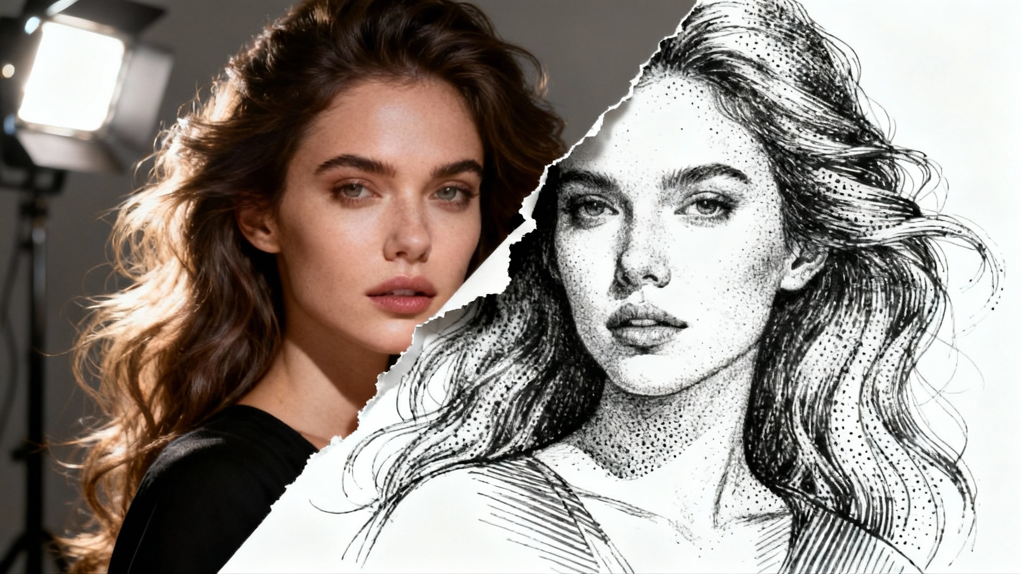 A conceptual image showing a photograph of a woman being transformed into a black and white ink drawing, on a clean white background.