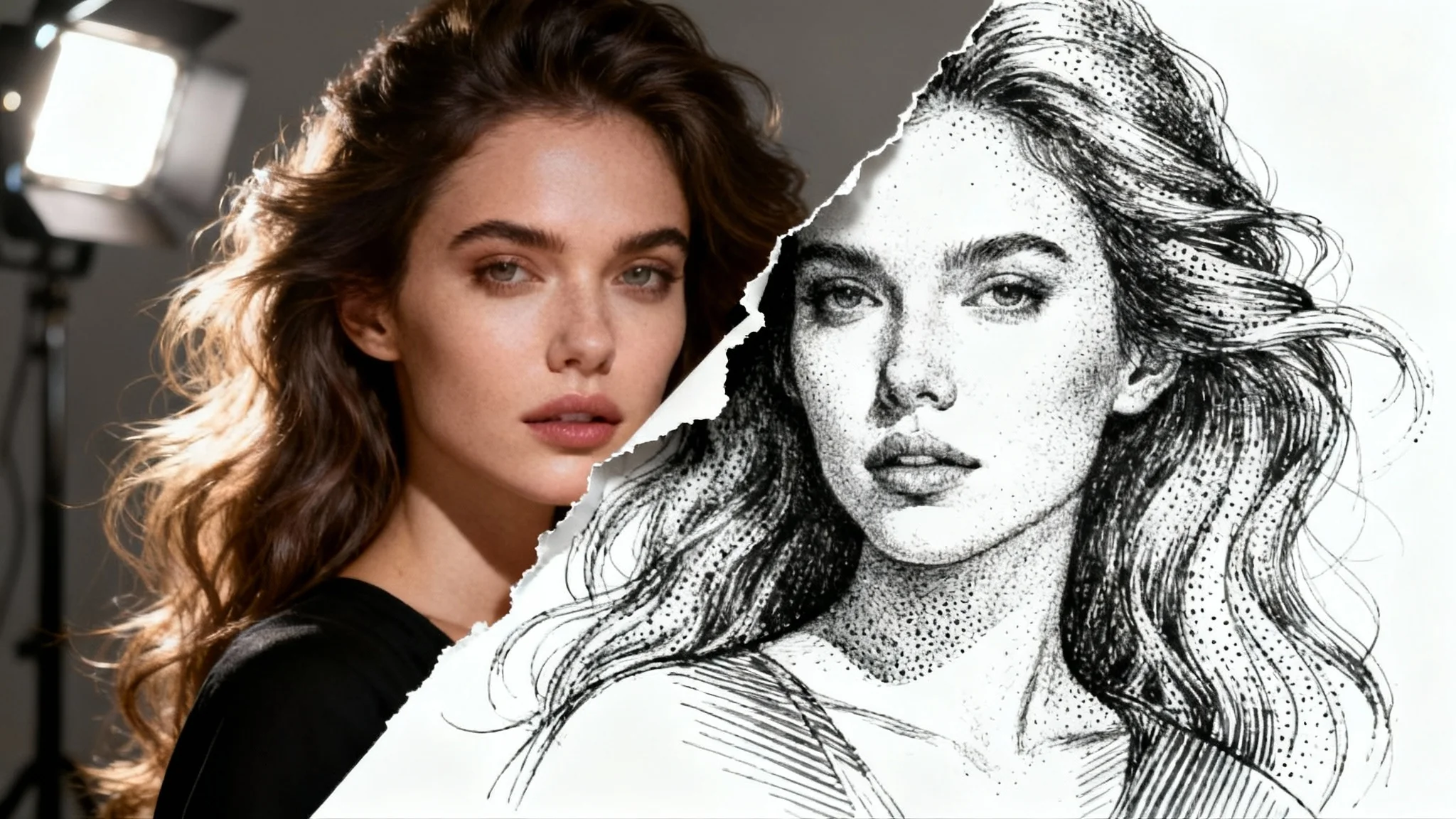 A conceptual image showing a photograph of a woman being transformed into a black and white ink drawing, on a clean white background.