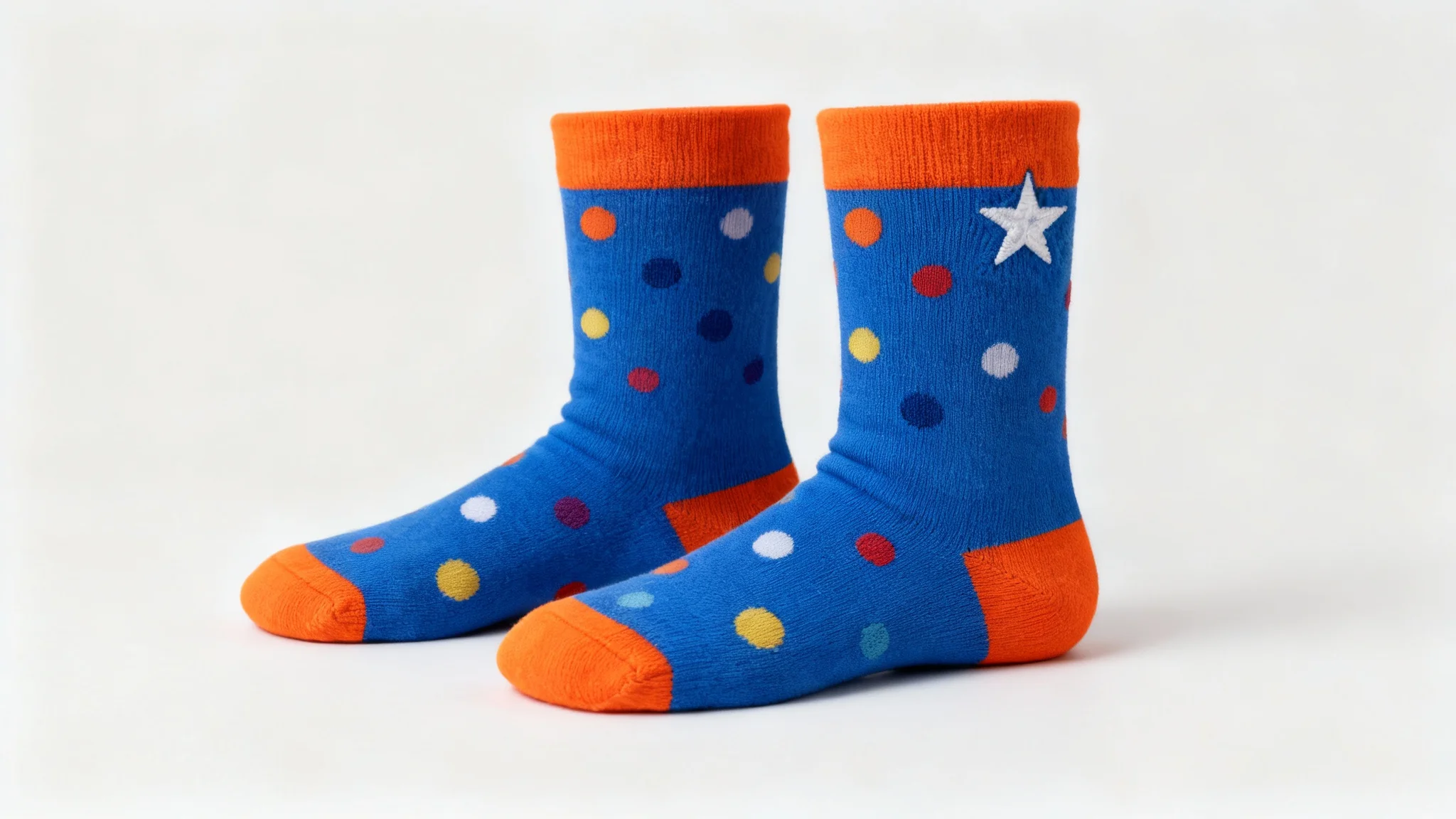 A professional product photo of a pair of custom crew socks. The socks are blue with orange cuffs and have a pattern of colorful polka dots and a small white embroidered star on the ankle, displayed on a light gray background.