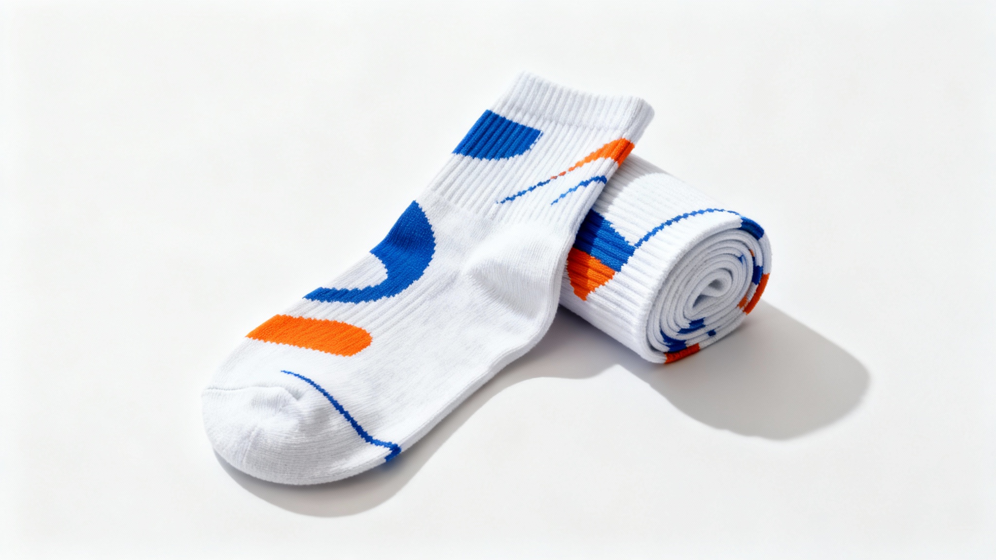 A photorealistic mockup of a pair of crew socks with a modern blue and orange pattern, displayed on a clean white background for a product showcase.