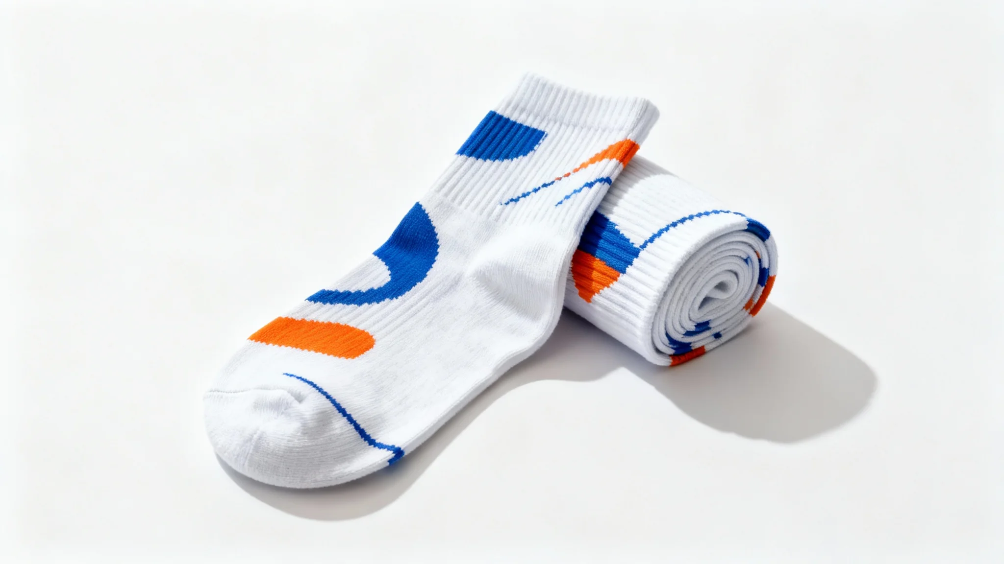 A photorealistic mockup of a pair of crew socks with a modern blue and orange pattern, displayed on a clean white background for a product showcase.