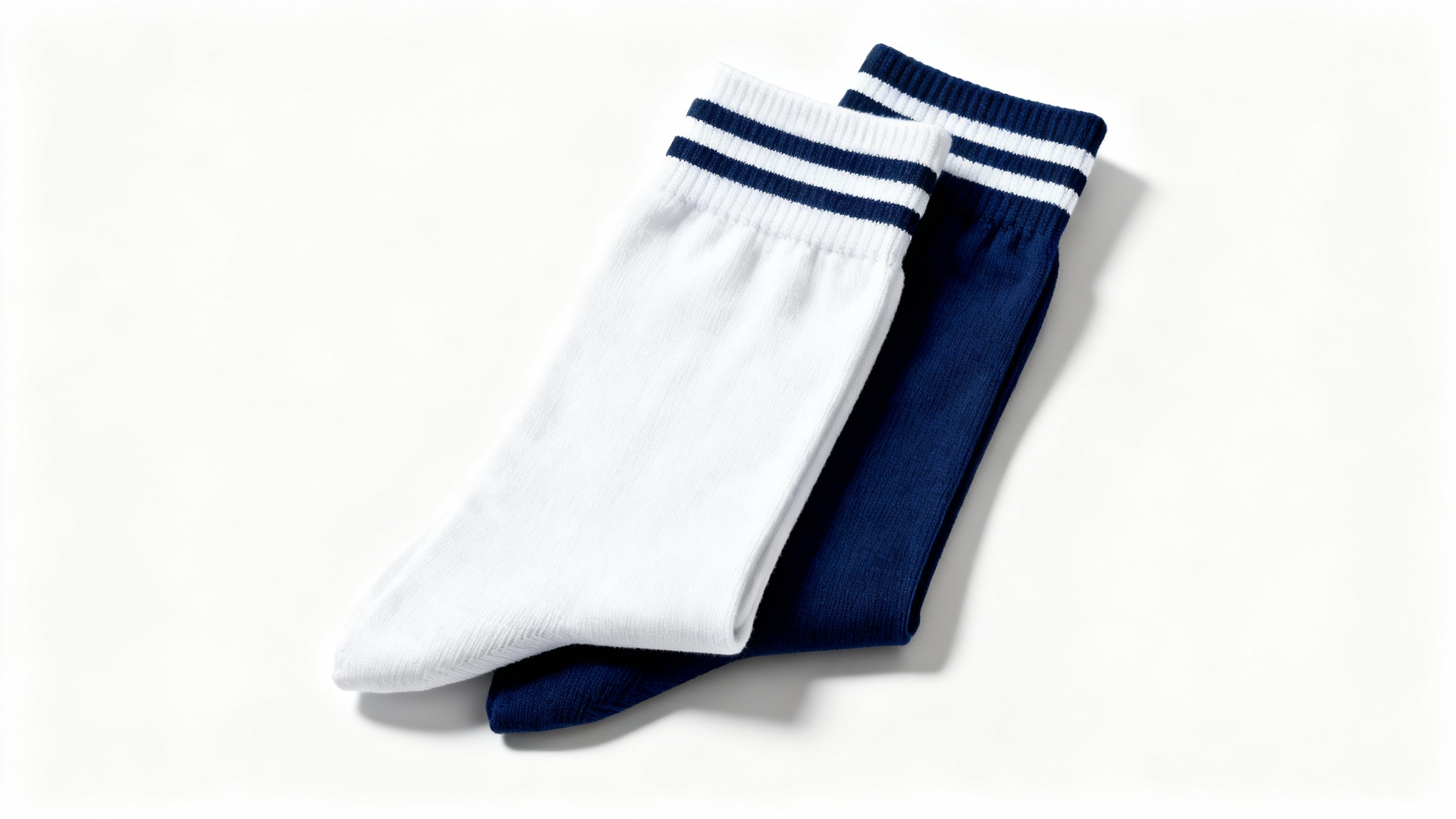 A photorealistic mockup of a folded pair of crew socks, one white with navy stripes and one navy with white stripes, on a clean white background.