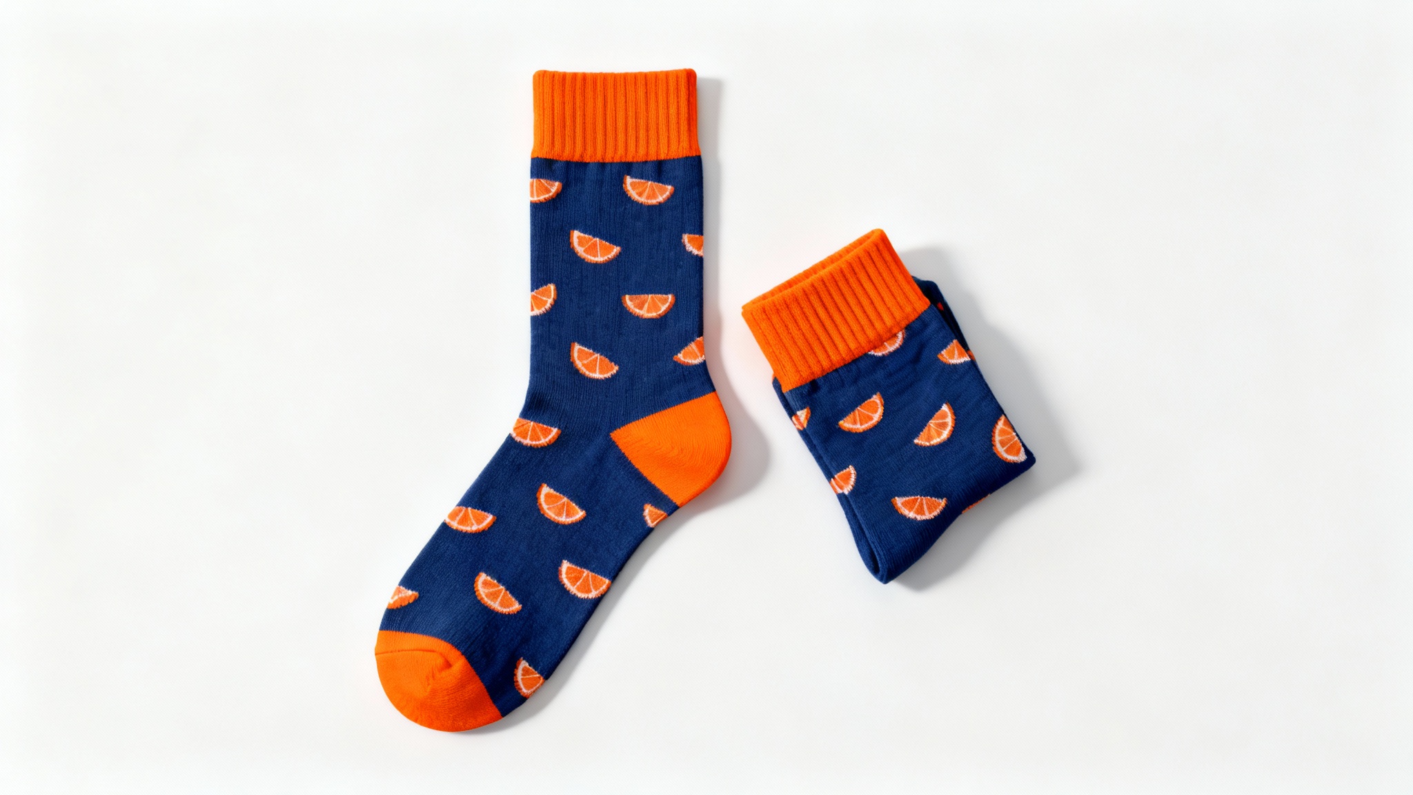 A flat lay product mockup of a pair of navy blue crew socks with a pattern of small orange slices, shown on a clean white background.