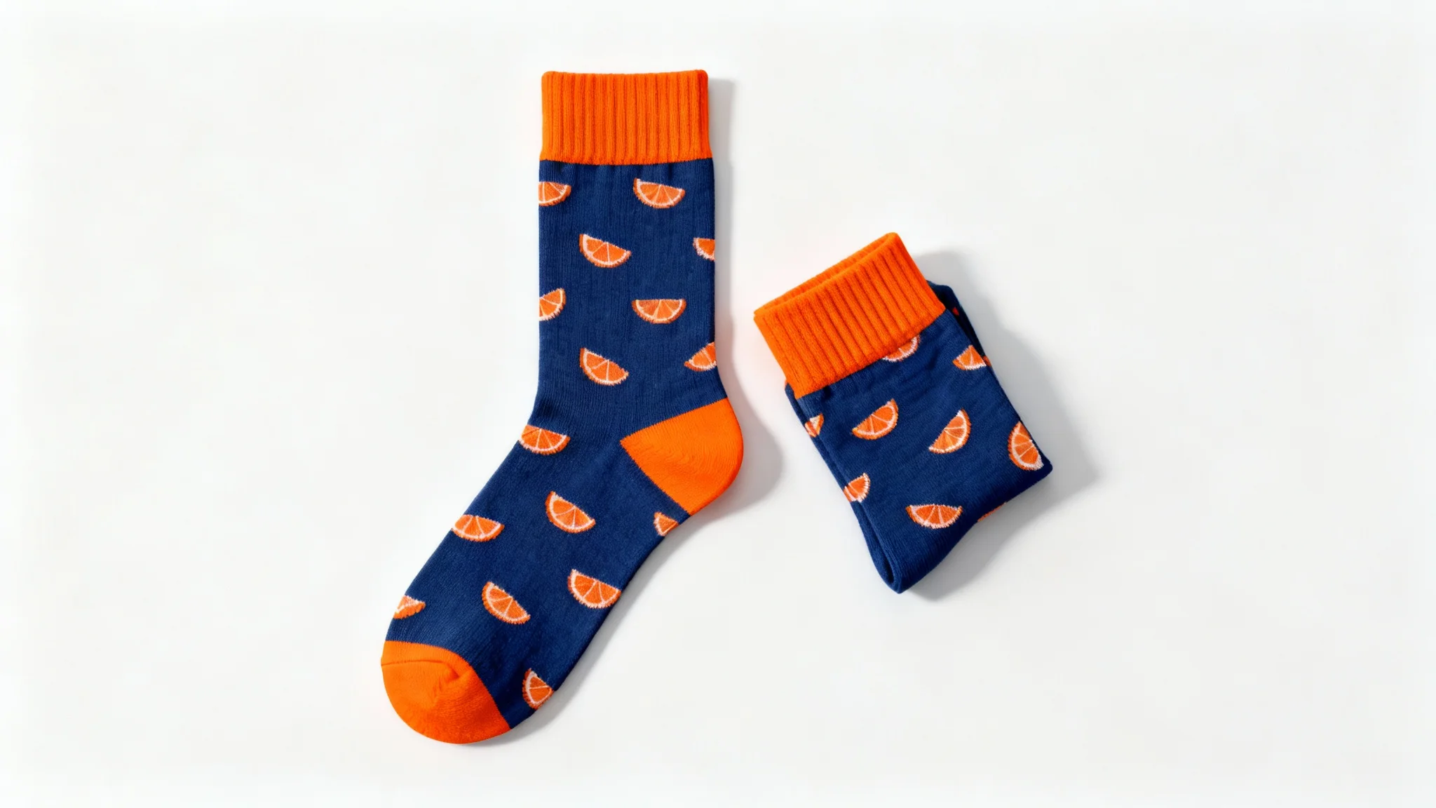 A flat lay product mockup of a pair of navy blue crew socks with a pattern of small orange slices, shown on a clean white background.