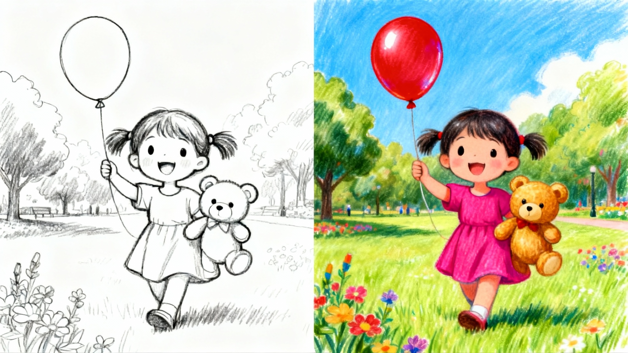 A split-screen image showing a coloring page before and after. The left shows a black-and-white outline of a girl with a balloon and teddy bear. The right shows the same image vibrantly colored in.