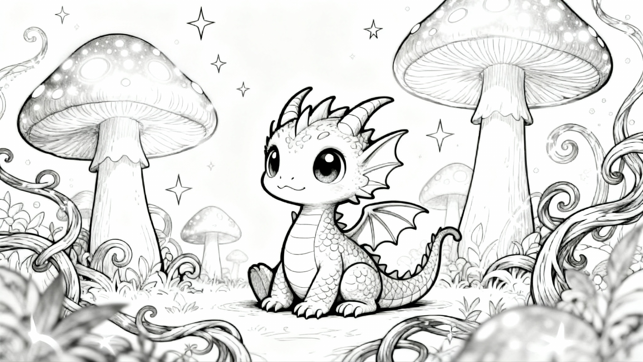 A black and white line art coloring page showing a cute baby dragon in a magical forest, ready to be colored in.