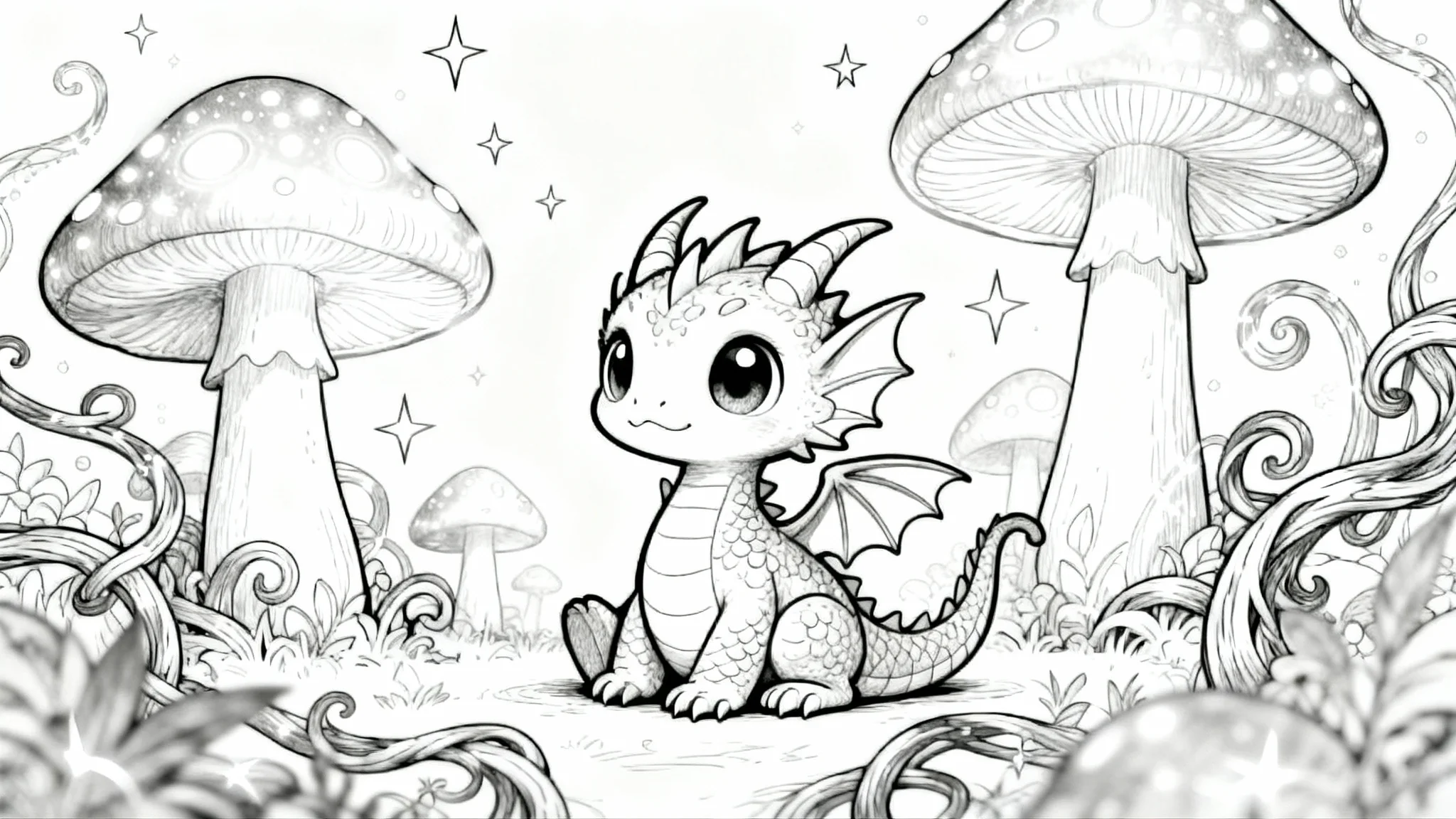 A black and white line art coloring page showing a cute baby dragon in a magical forest, ready to be colored in.