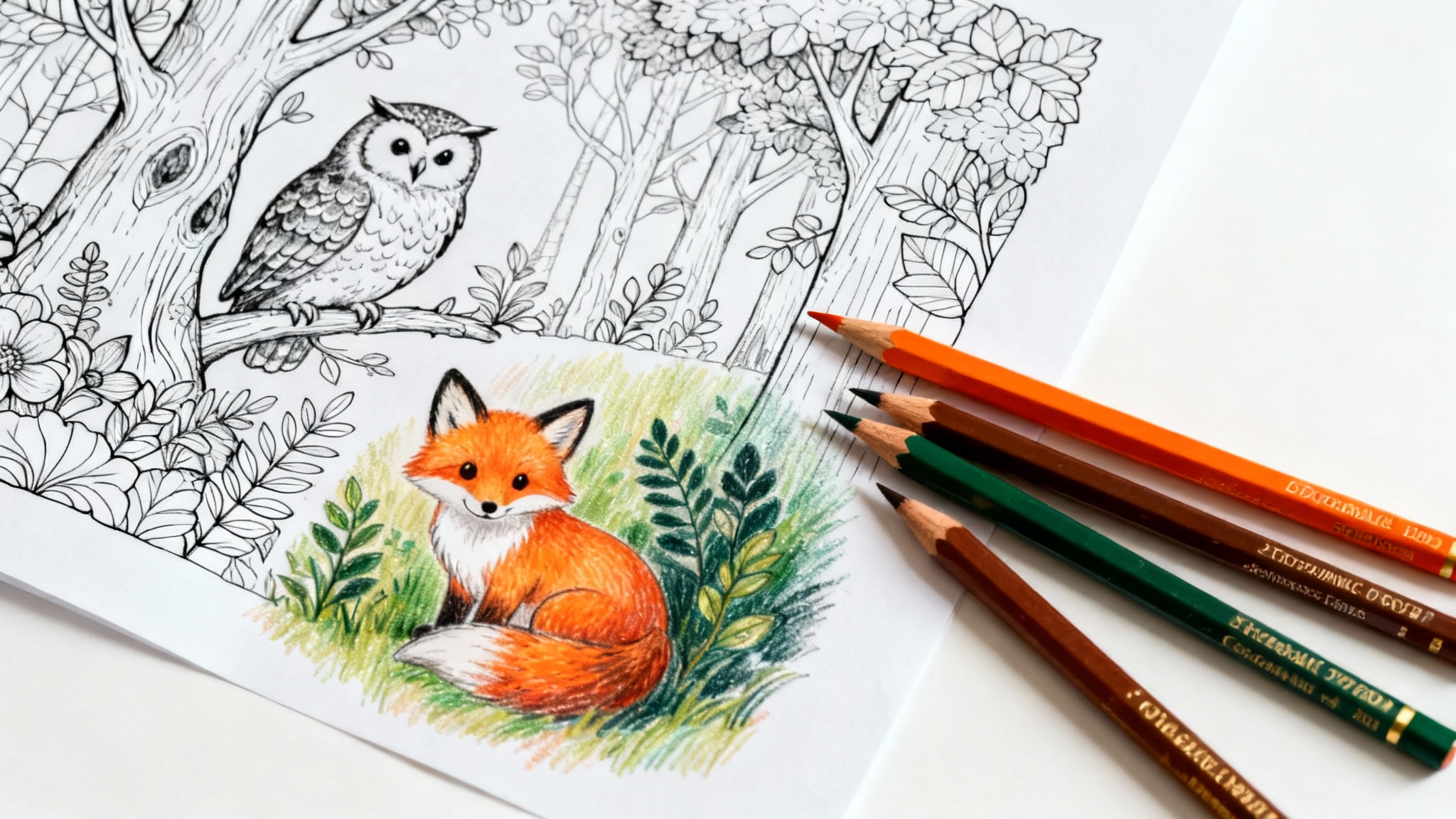 A partially colored-in coloring page showing an enchanted forest scene with a fox and an owl. Vibrant colored pencils lie next to the page on a clean white background, illustrating the creative process.