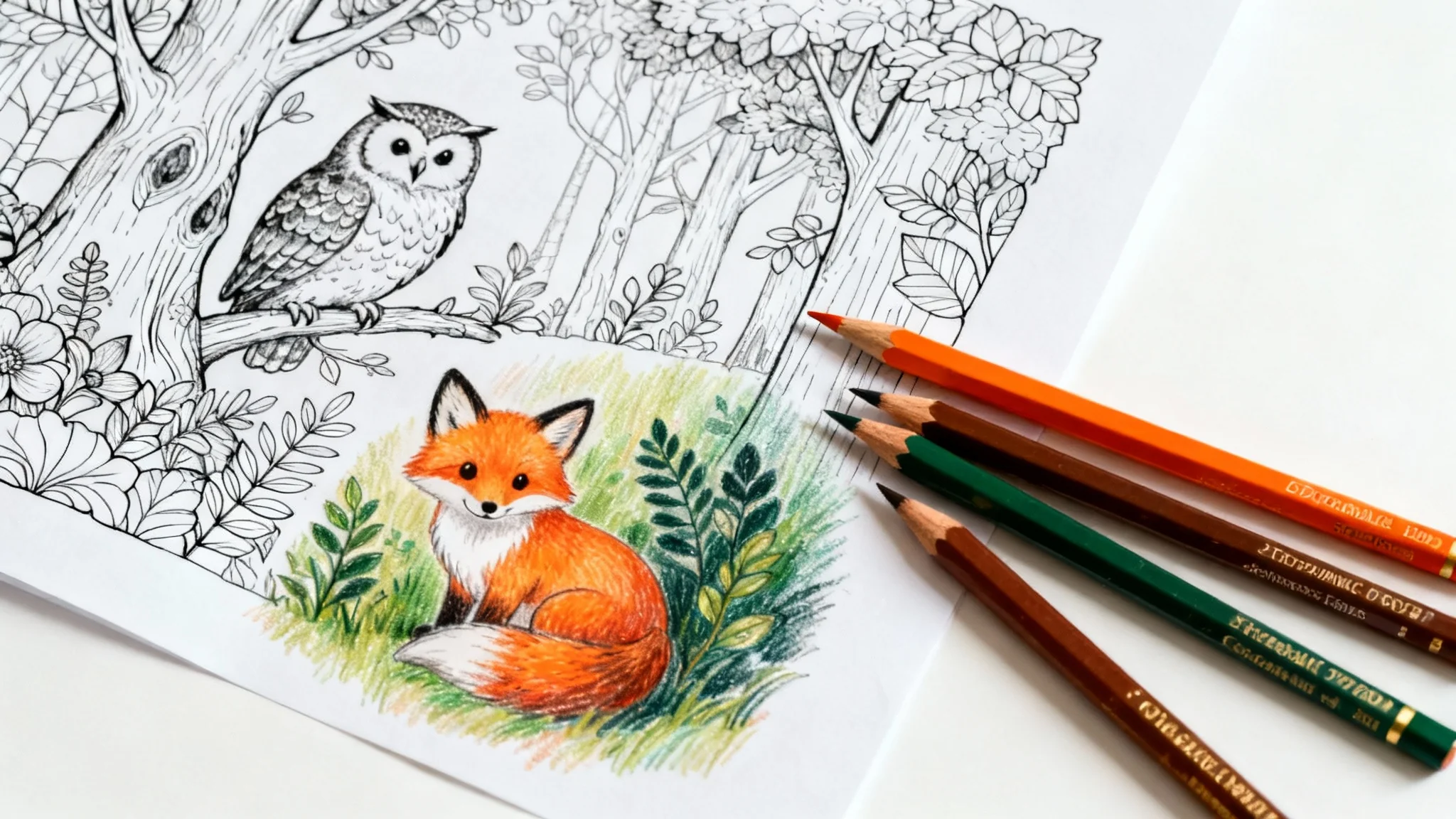 A partially colored-in coloring page showing an enchanted forest scene with a fox and an owl. Vibrant colored pencils lie next to the page on a clean white background, illustrating the creative process.