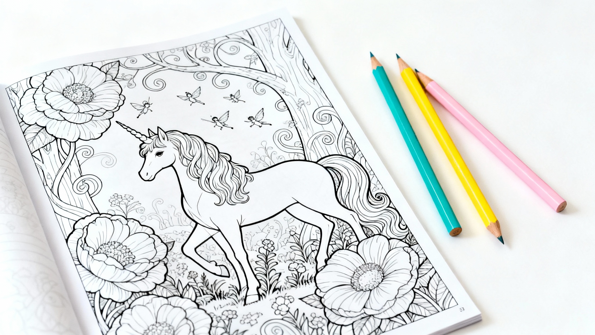 A detailed black and white coloring page of a unicorn in a magical forest, with a few colored pencils lying beside it on a white background.