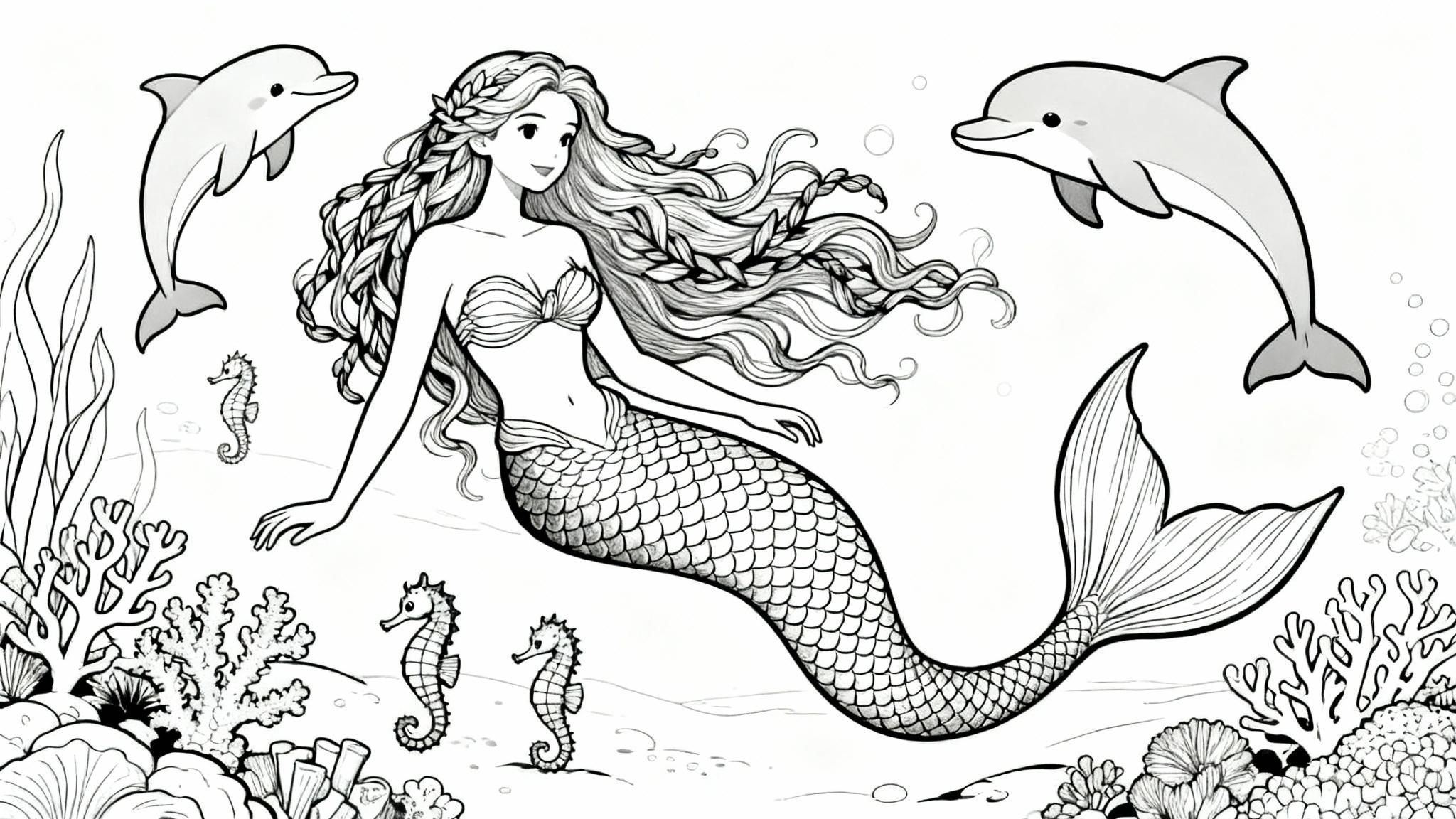 A detailed, black and white line art coloring page of a mermaid in an underwater scene with a dolphin and coral, ready to be colored in.