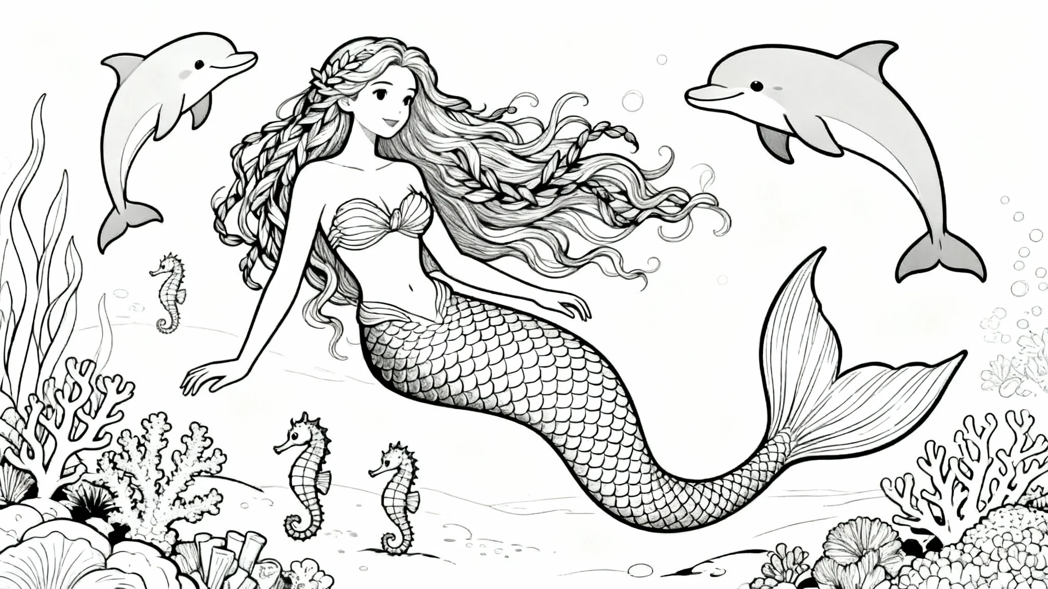 A detailed, black and white line art coloring page of a mermaid in an underwater scene with a dolphin and coral, ready to be colored in.