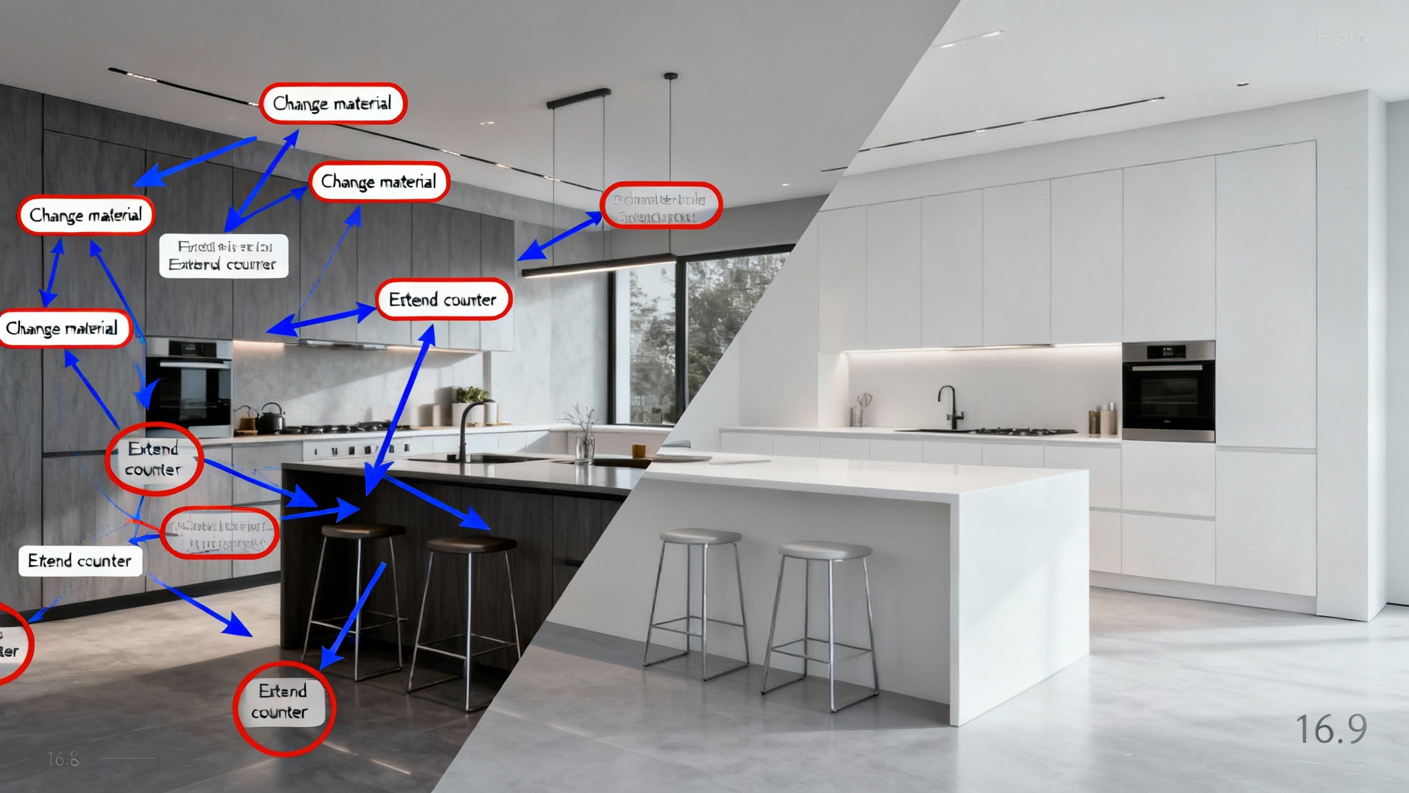 A dramatic before-and-after image demonstrating an annotation removal tool. The left side shows a kitchen design sketch with messy digital notes, while the right side shows the same image perfectly clean and professional.