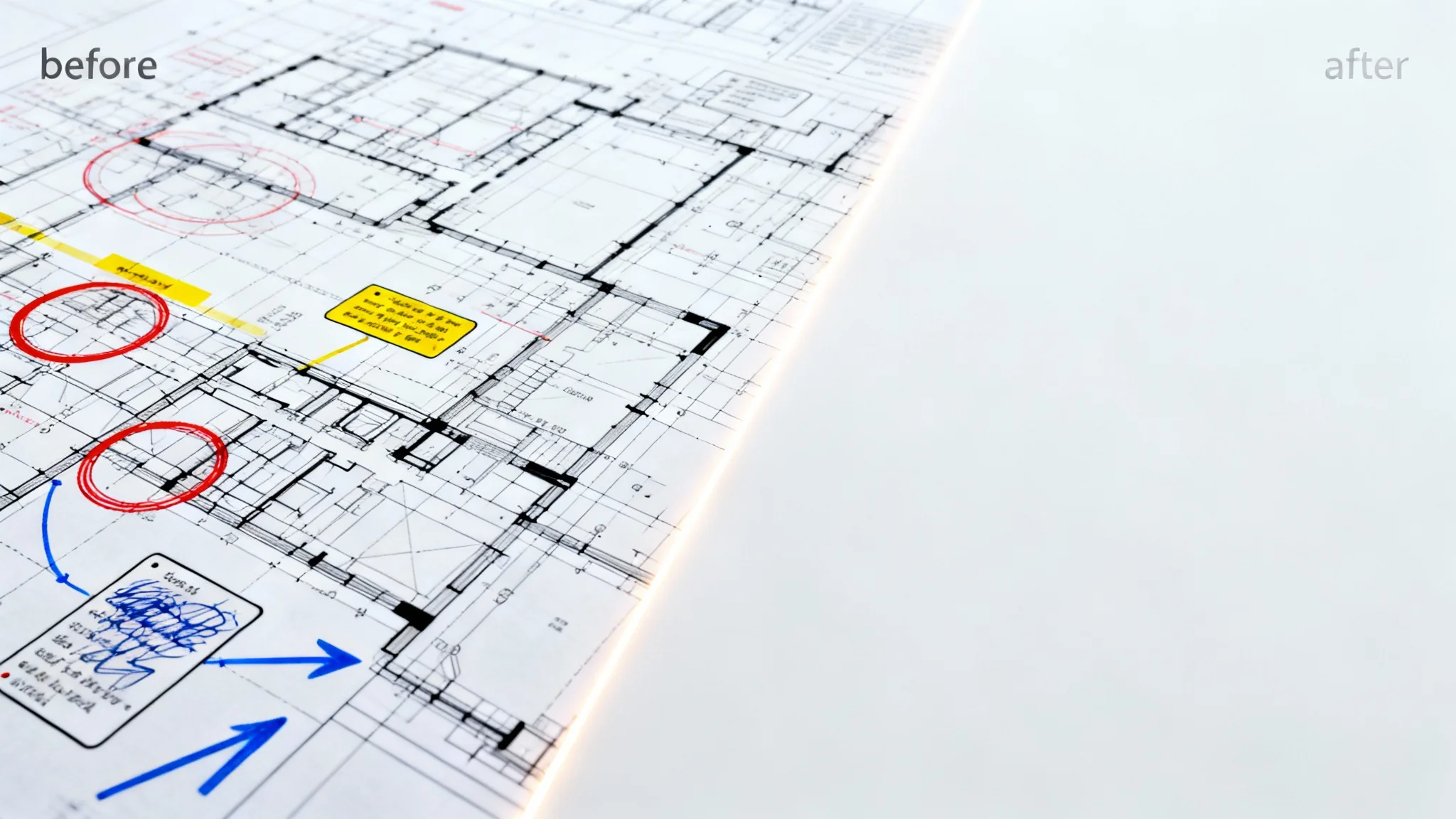 A before-and-after image showing an architectural blueprint. One half is covered in digital annotations and marks, while the other half is perfectly clean, demonstrating the removal of annotations.