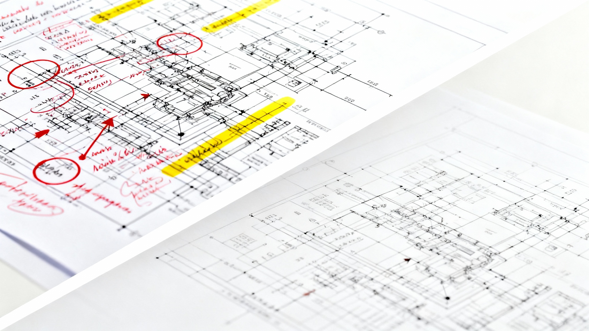 A before-and-after image demonstrating the removal of annotations from a technical drawing. One half is cluttered with red marks and notes, while the other half is perfectly clean, showcasing the original schematic.