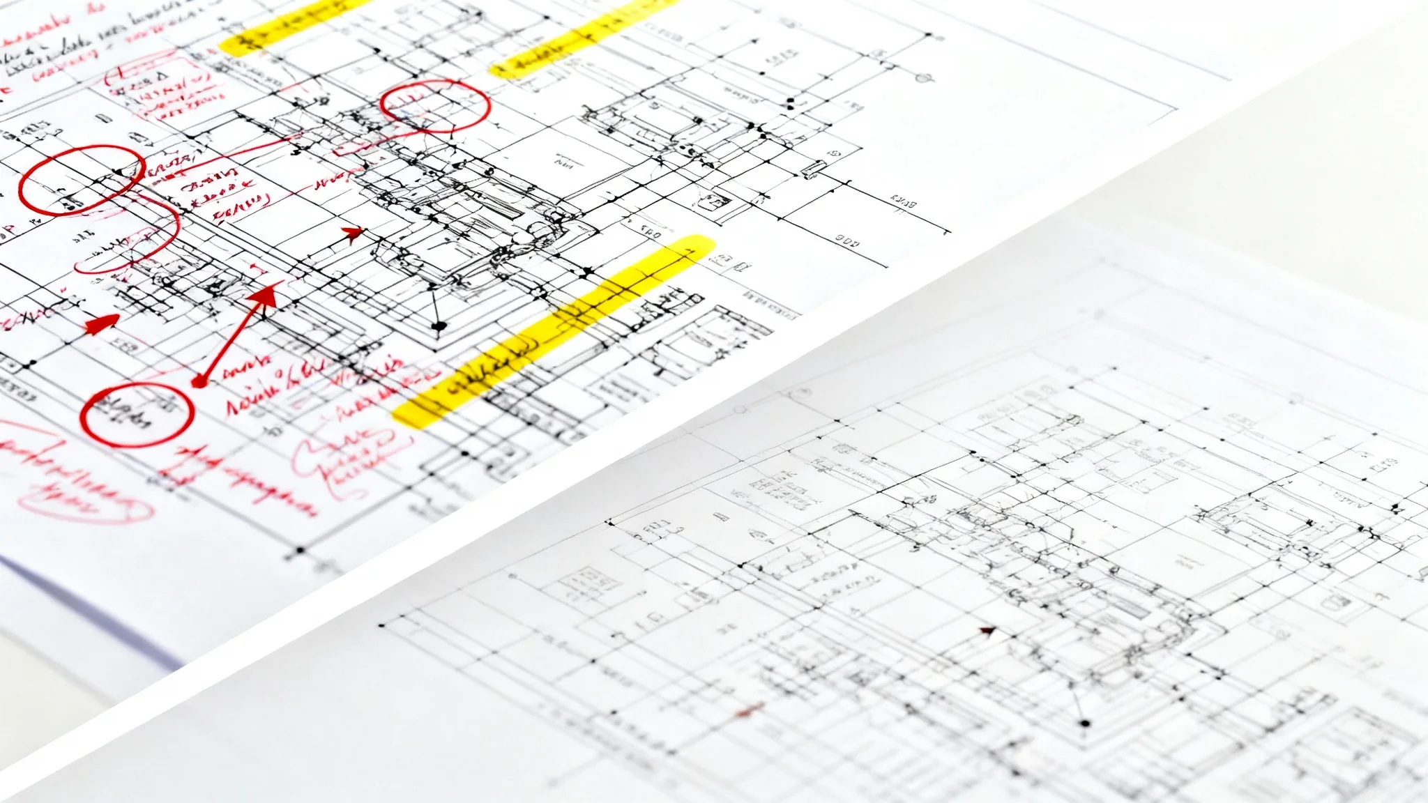 A before-and-after image demonstrating the removal of annotations from a technical drawing. One half is cluttered with red marks and notes, while the other half is perfectly clean, showcasing the original schematic.