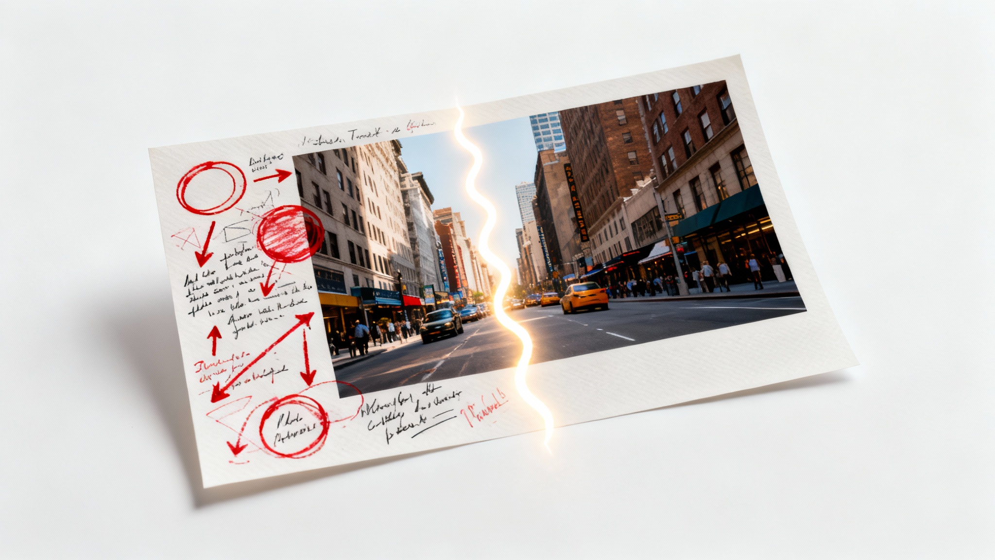 An image demonstrating the removal of annotations, showing a photograph half-covered in red marks and notes, while the other half is pristine and clean, separated by a glowing line.