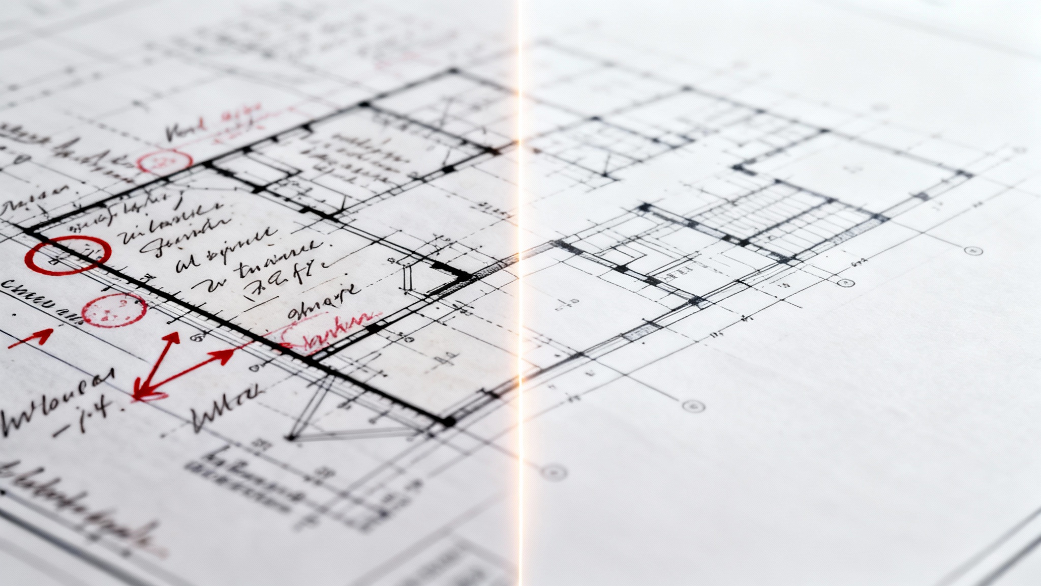 A before-and-after comparison image showing an architectural blueprint. The left half is covered in red ink annotations and notes, while the right half is perfectly clean, demonstrating an annotation removal feature.