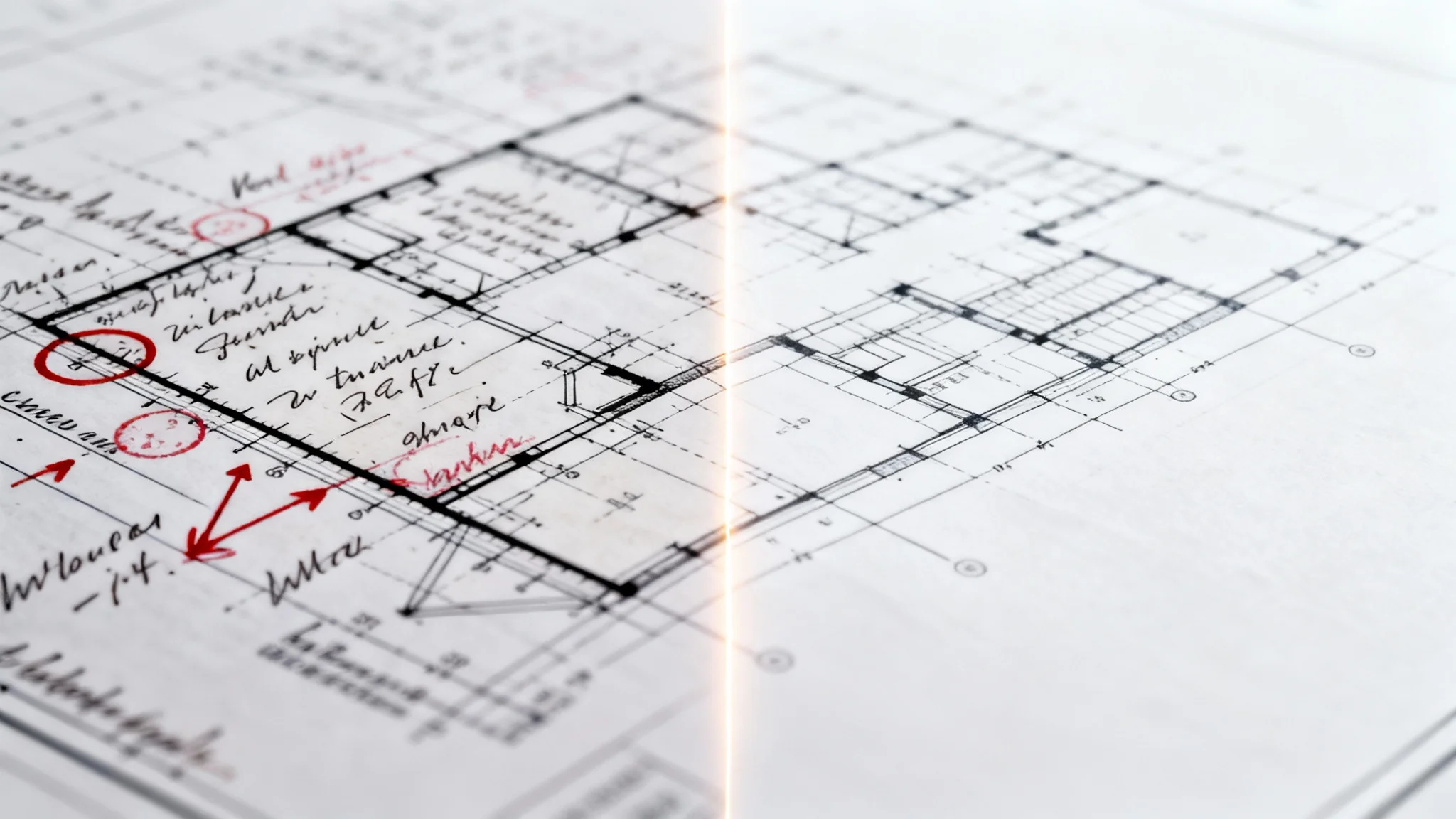 A before-and-after comparison image showing an architectural blueprint. The left half is covered in red ink annotations and notes, while the right half is perfectly clean, demonstrating an annotation removal feature.