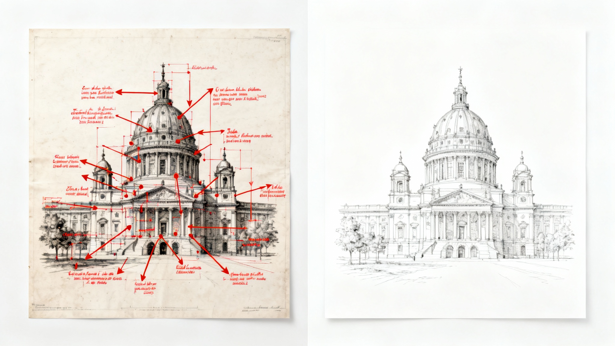 A before-and-after image demonstrating the removal of annotations. The left side shows a detailed architectural drawing covered in red digital marks, and the right side shows the same drawing perfectly clean.