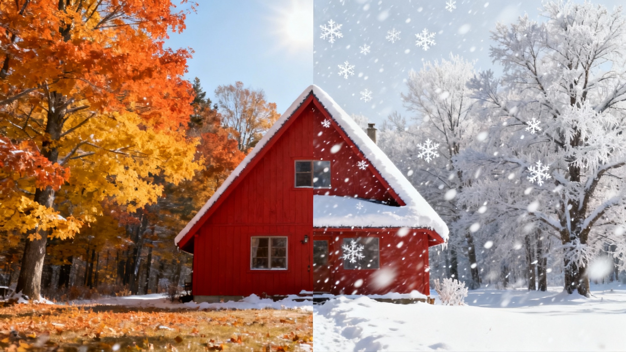 A split-screen image demonstrating a snow effect: the left side shows a red cabin in an autumn forest, and the right side shows the same cabin covered in heavy, falling snow.