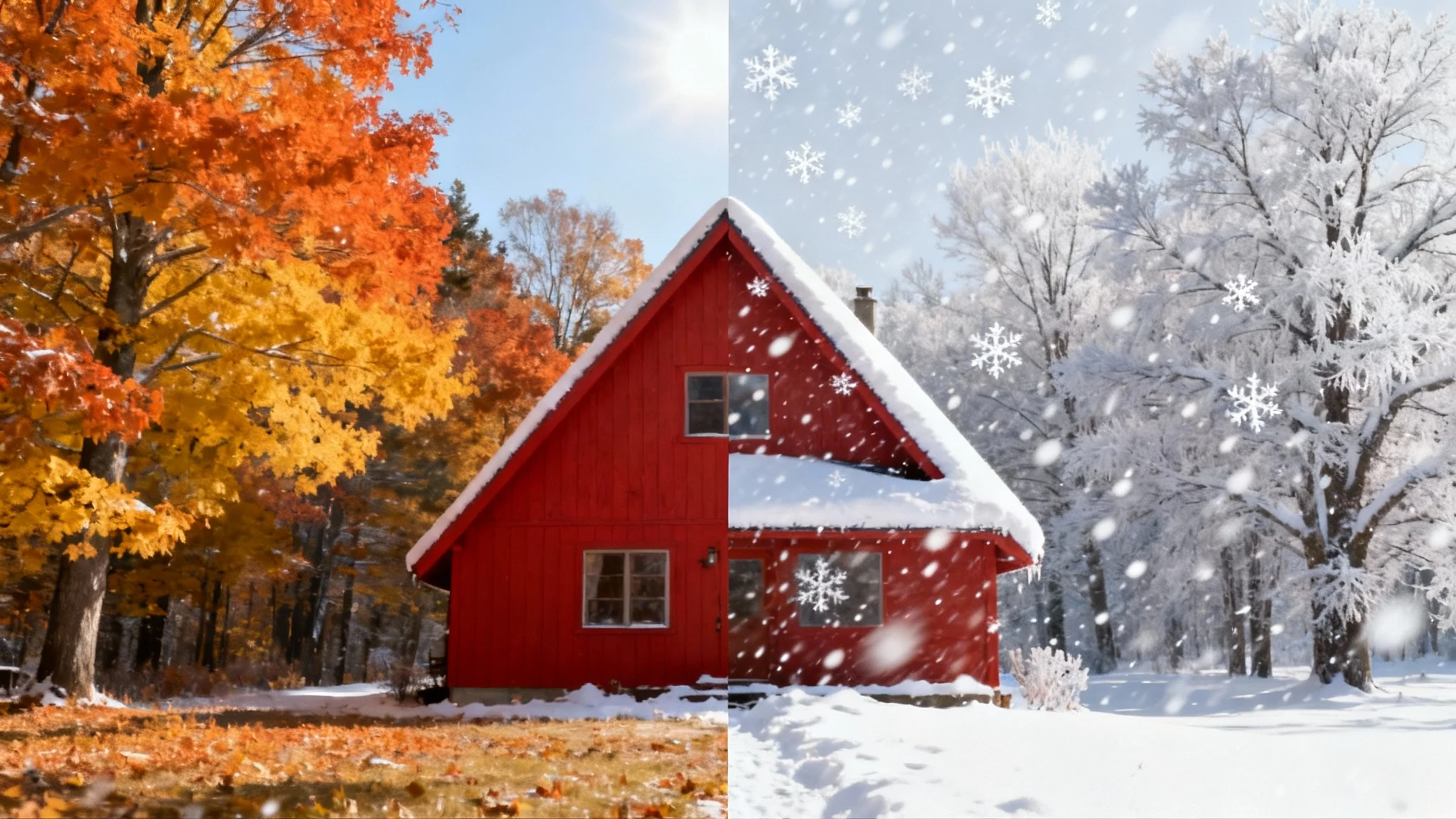 A split-screen image demonstrating a snow effect: the left side shows a red cabin in an autumn forest, and the right side shows the same cabin covered in heavy, falling snow.
