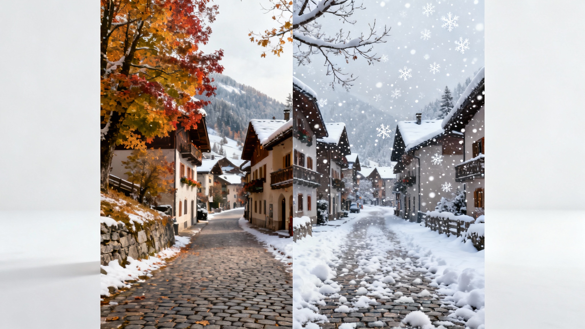 A side-by-side comparison image demonstrating a snow effect. The left half shows an autumn village street, and the right half shows the same street covered in magically added falling snow.