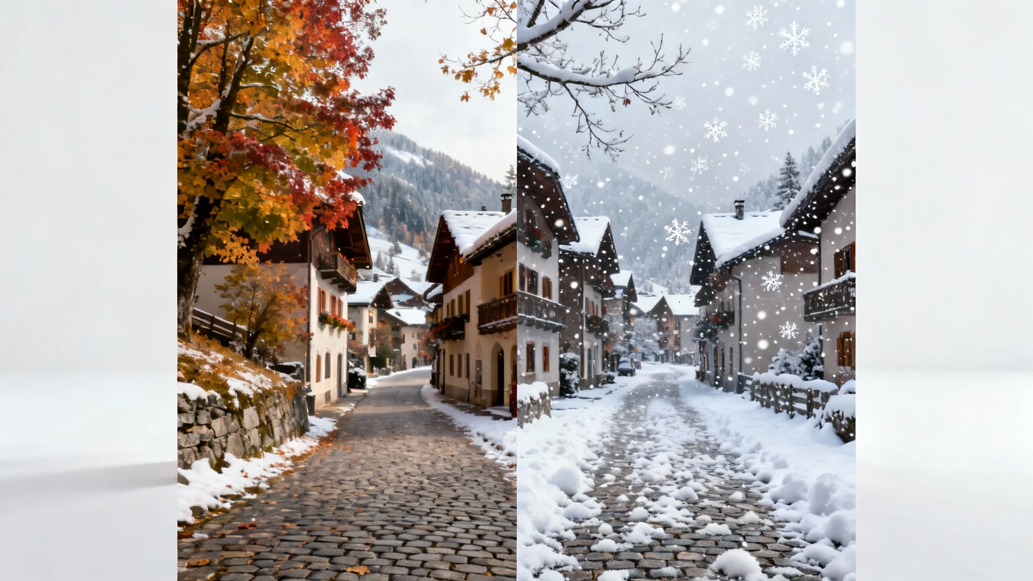 A side-by-side comparison image demonstrating a snow effect. The left half shows an autumn village street, and the right half shows the same street covered in magically added falling snow.