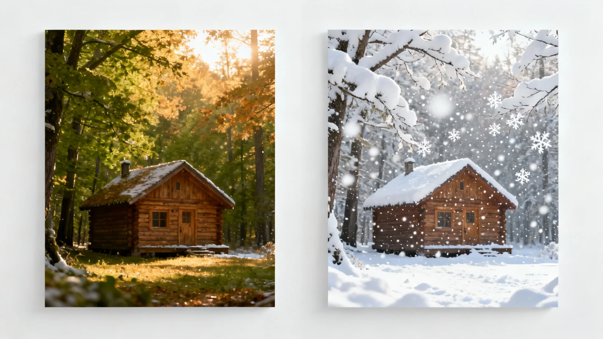 A before-and-after comparison image demonstrating a snow effect. The left side shows a cabin in a green forest, and the right side shows the same scene magically covered in snow with snowflakes falling.