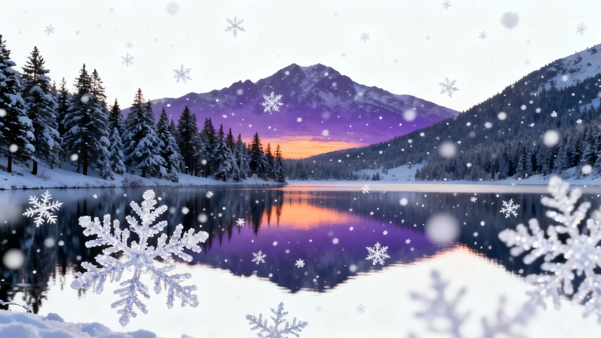 A photorealistic landscape of a mountain lake at twilight, with a magical falling snow effect added to create an enchanting winter scene, presented as a mockup on a white background.