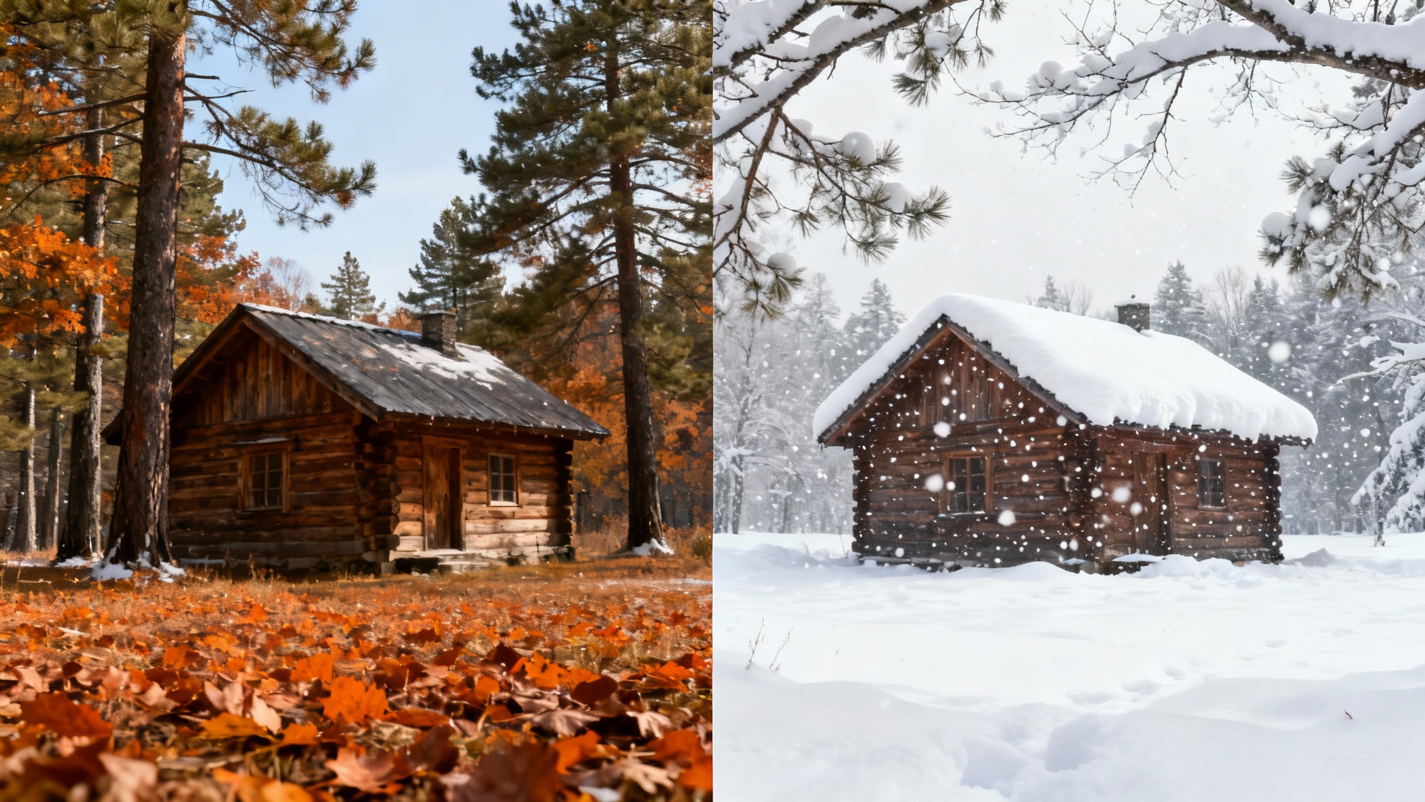 A before-and-after image demonstrating a snow effect. The left side shows a cabin in an autumn forest, and the right side shows the same scene covered in falling snow.