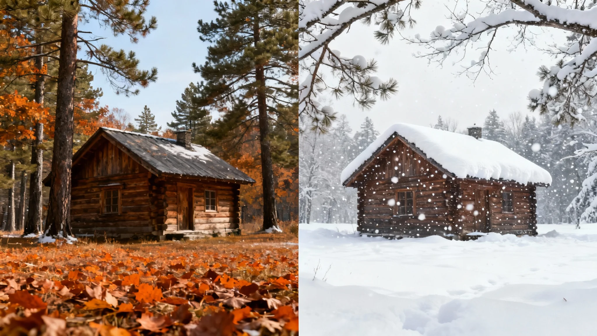 A before-and-after image demonstrating a snow effect. The left side shows a cabin in an autumn forest, and the right side shows the same scene covered in falling snow.