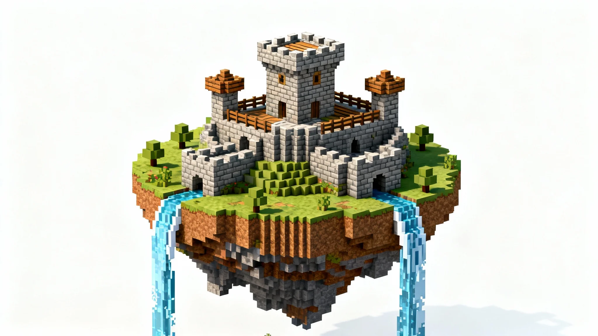 A detailed, blocky model of a floating island with a castle on top, created in the style of Minecraft and displayed against a clean white background.