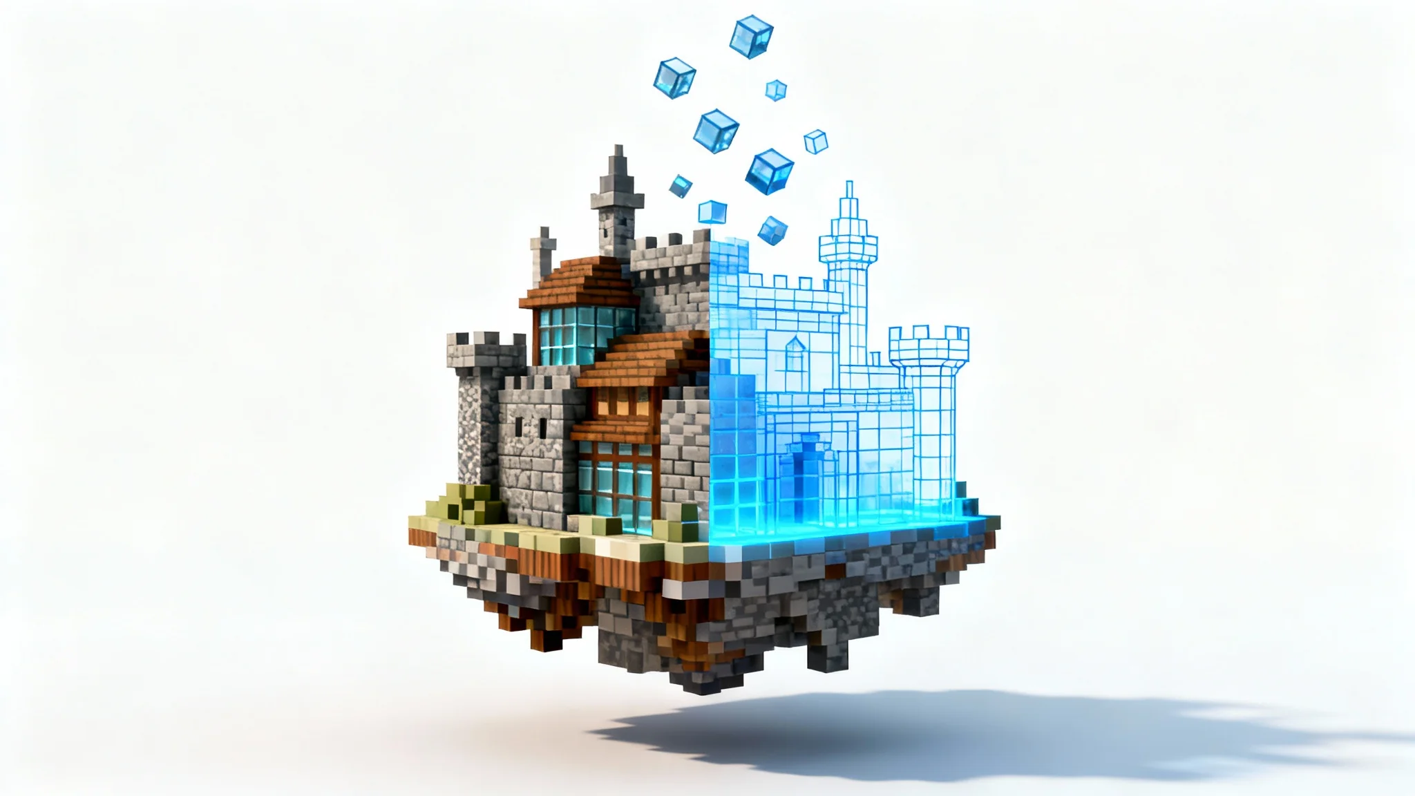 A Minecraft-style castle floating against a white background, partially built with solid blocks and partially shown as a glowing blue wireframe schematic, representing an editor.