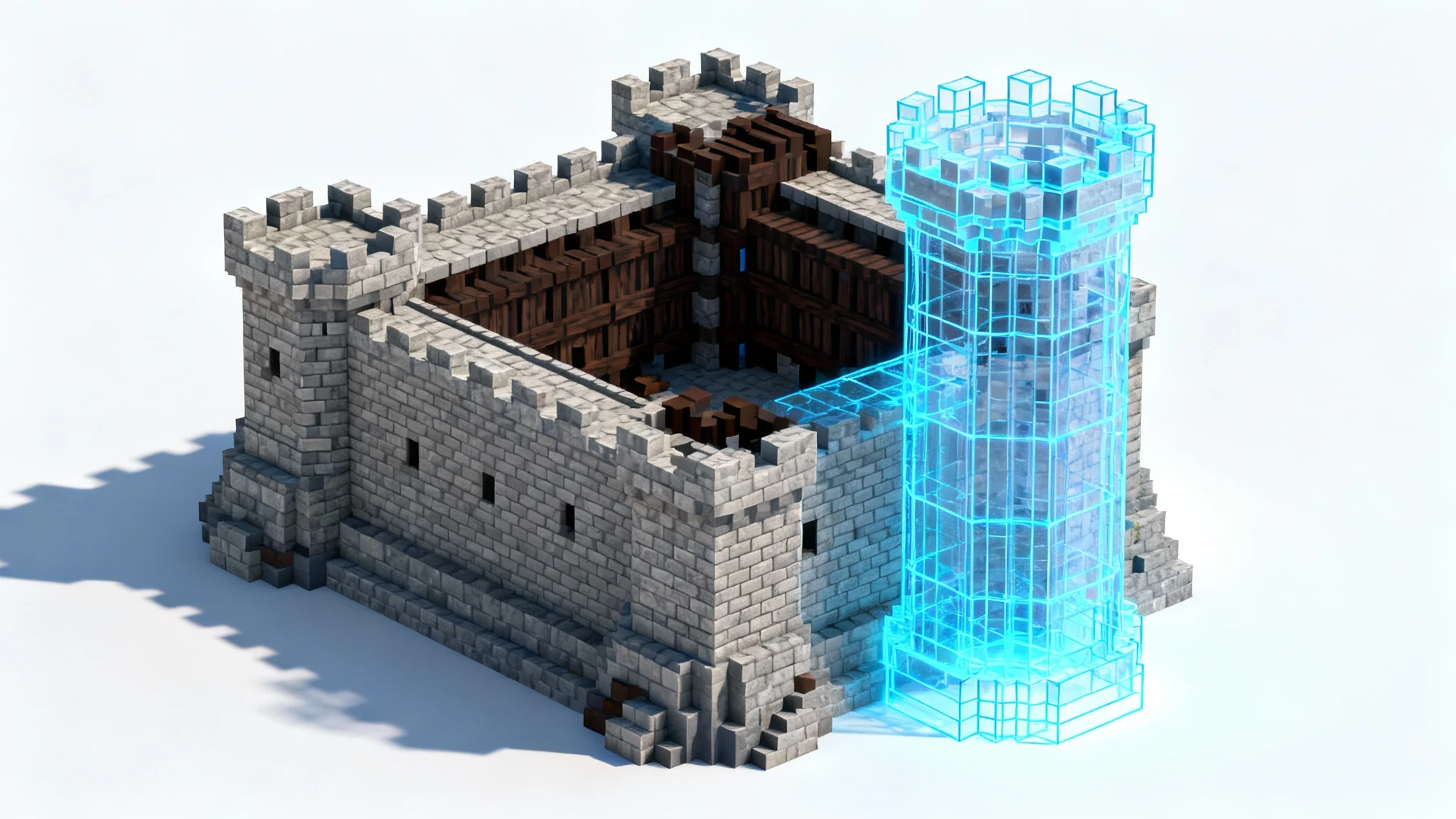 A detailed medieval castle built in a blocky, voxel art style, shown against a white background. Parts of the castle are solid, while other parts are shown as a glowing blue wireframe, as if it's being built from a digital schematic.