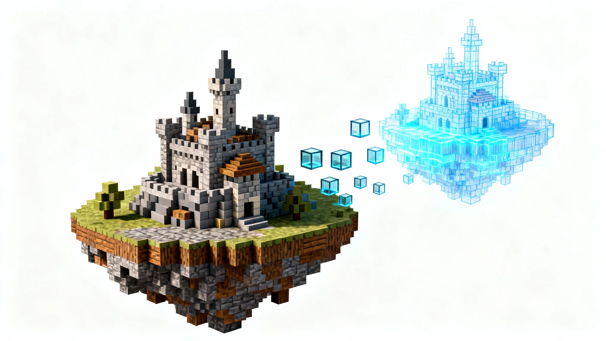 A highly detailed, block-style floating island with a small castle, rendered in the aesthetic of Minecraft. A portion of the castle is shown as a glowing blue wireframe, indicating it is under construction or being edited, all set against a plain white background.