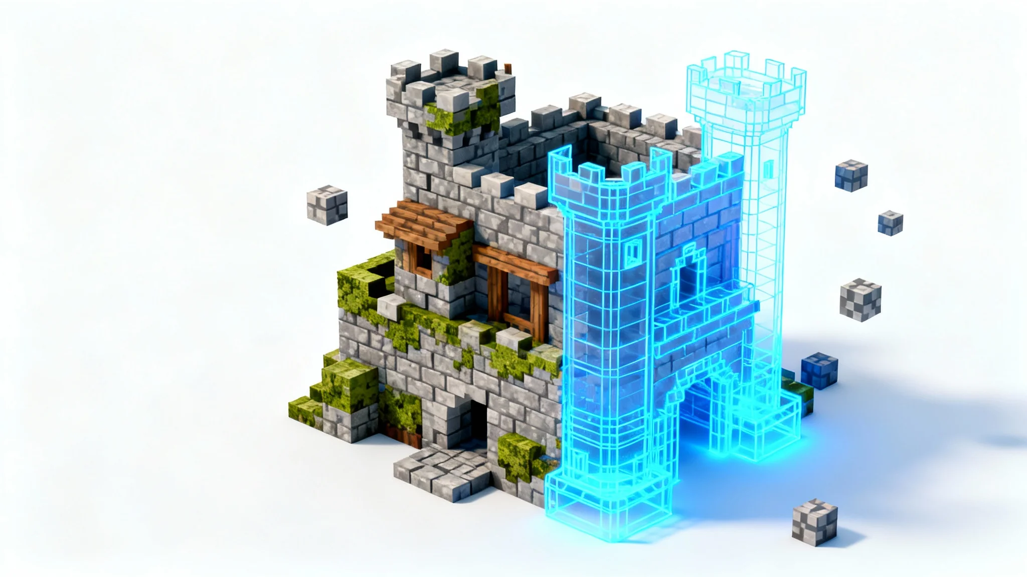 A 3D render of a Minecraft-style castle against a white background, demonstrating a schematic editor. Half the castle is built, while the other half is a glowing blue wireframe blueprint.
