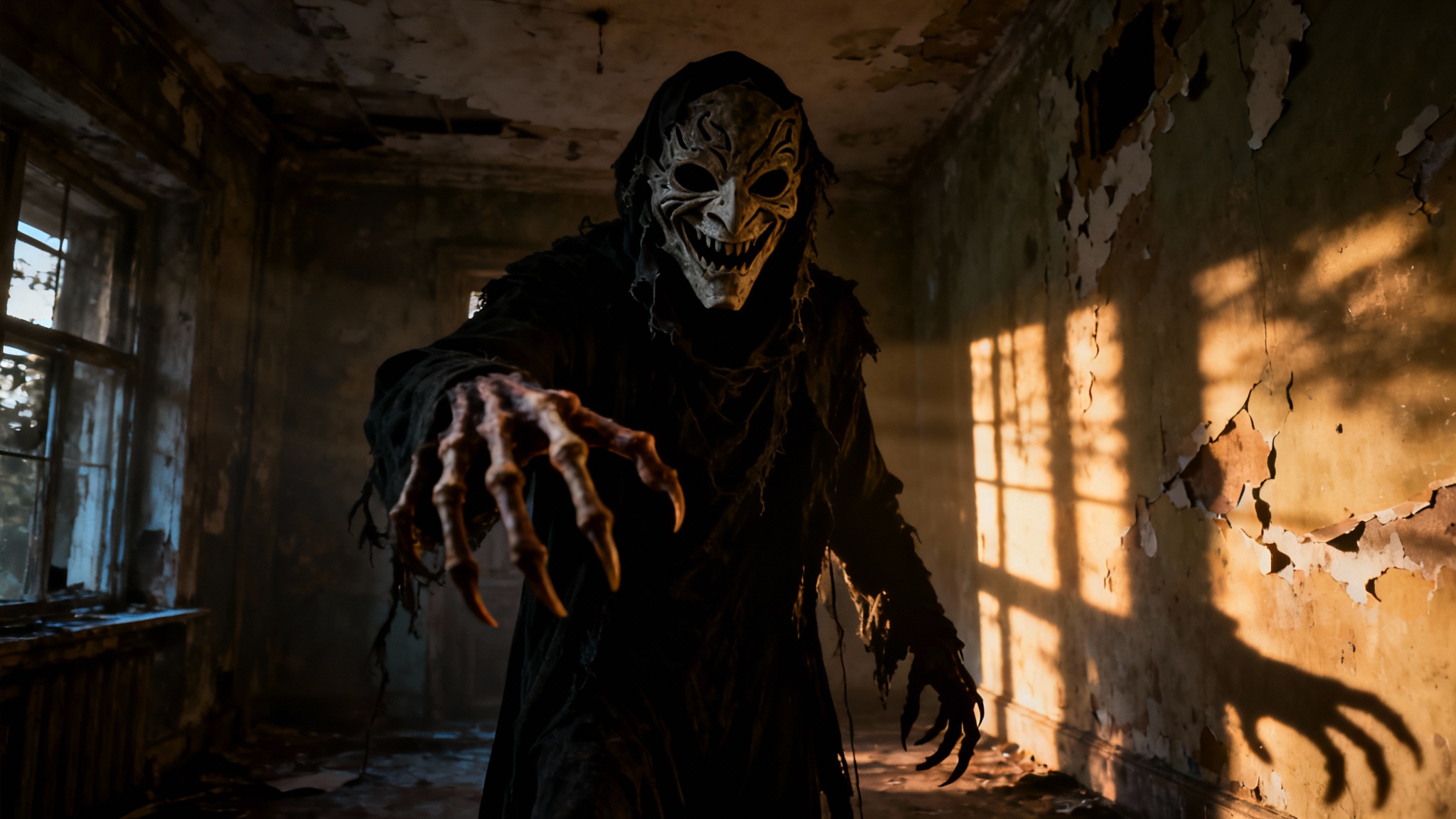 A terrifying, photorealistic image of a shadowy figure in a dark, decaying room, wearing a twisted grinning mask and reaching its bony hands towards the viewer.