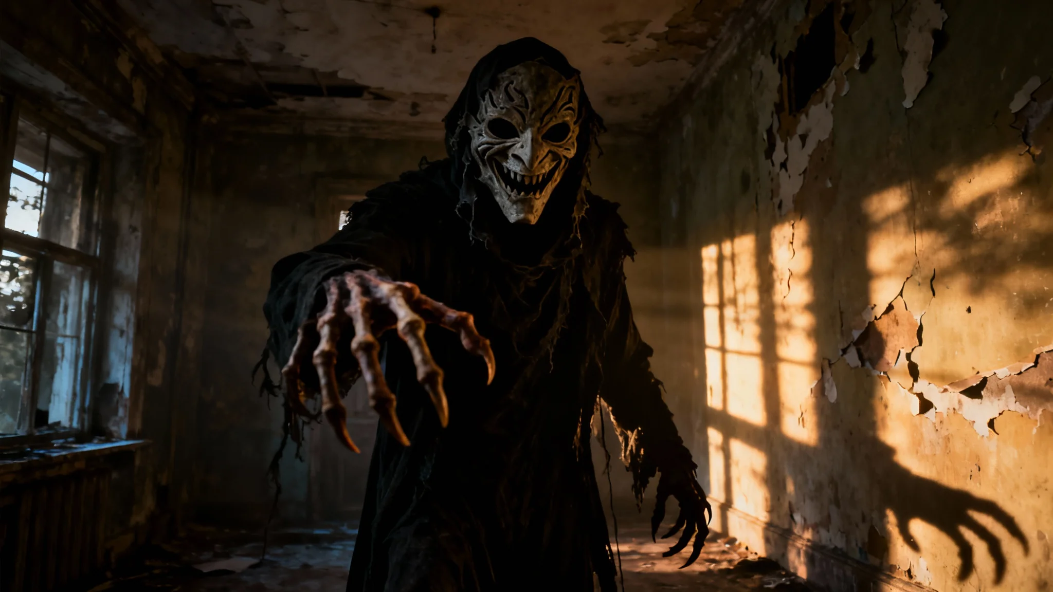 A terrifying, photorealistic image of a shadowy figure in a dark, decaying room, wearing a twisted grinning mask and reaching its bony hands towards the viewer.