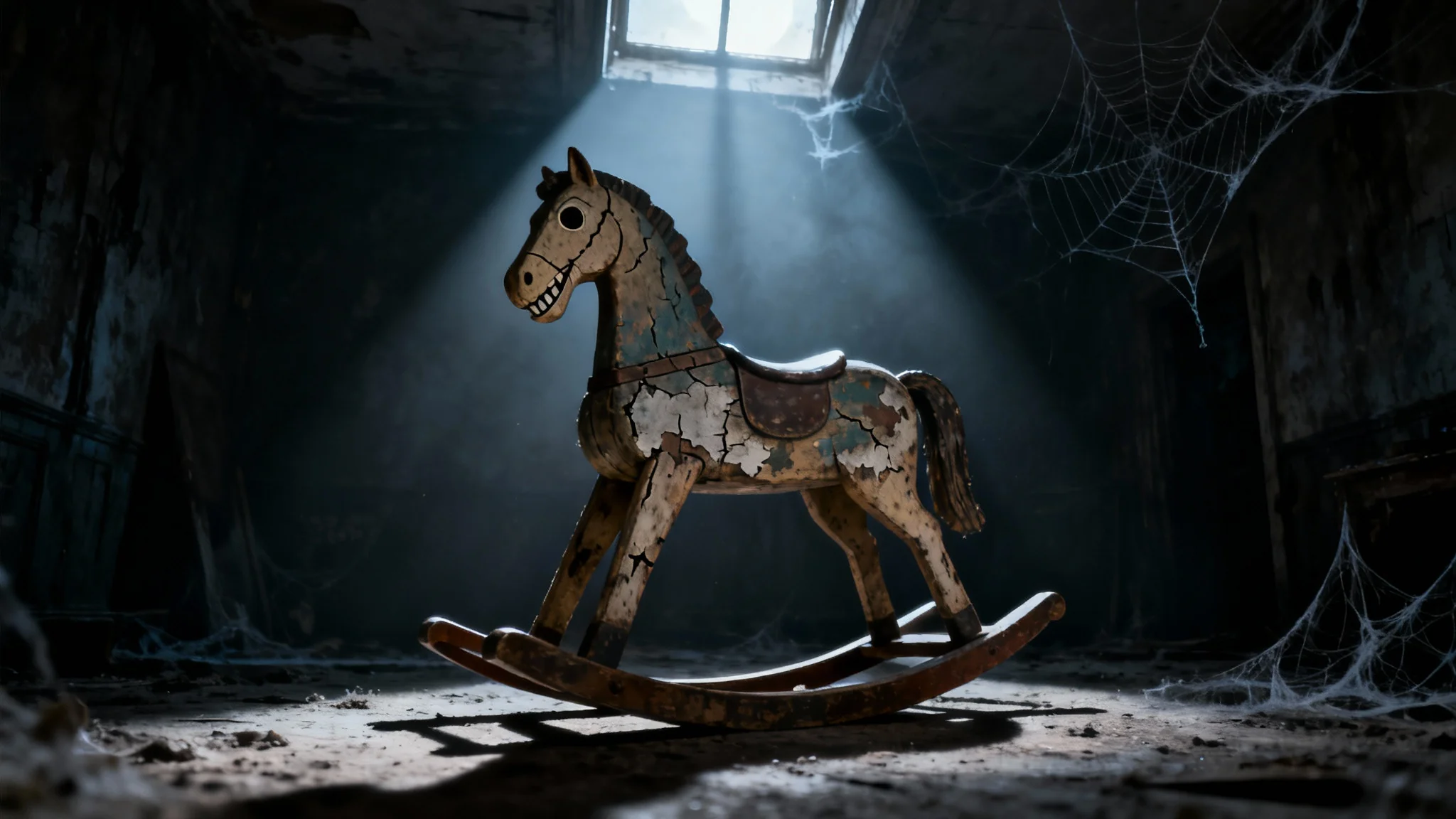 A creepy, old wooden rocking horse with a sinister smile, lit by a single beam of moonlight in a dark, abandoned room.
