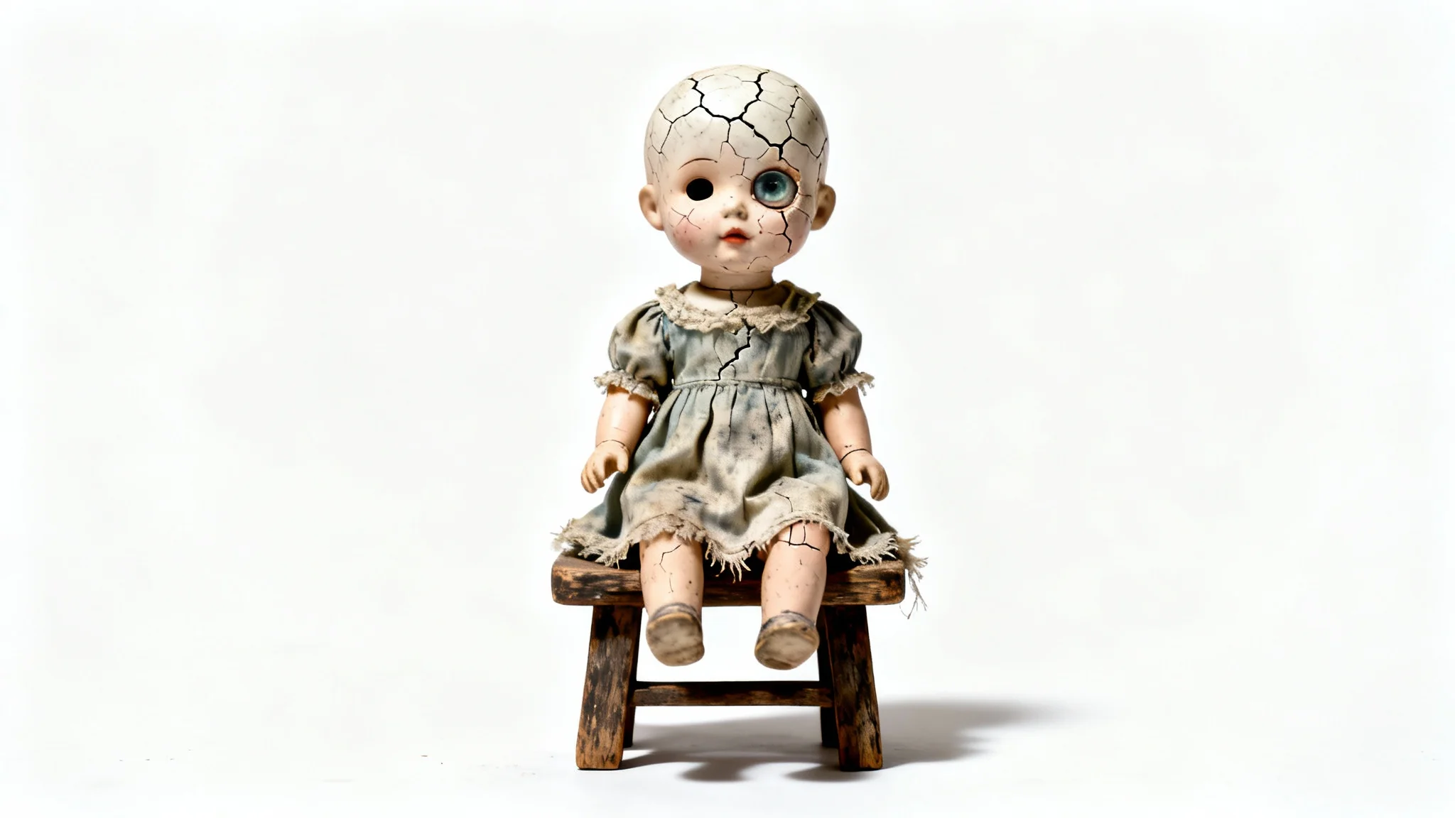 A creepy image of an old, cracked porcelain doll with one eye missing, sitting on a wooden stool, presented as a mockup against a plain white background.