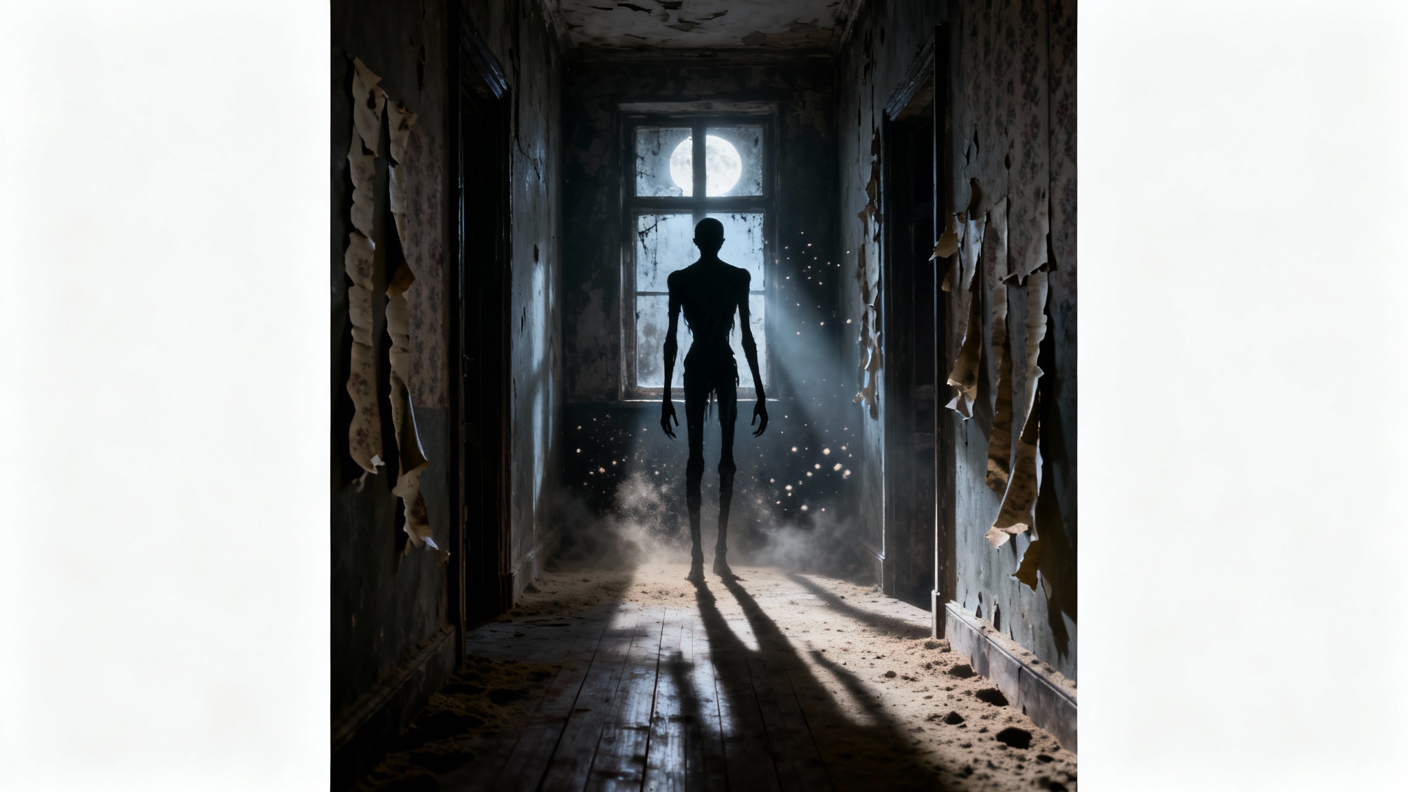 A creepy, photorealistic image of a tall, shadowy figure with long limbs standing at the end of a dark, decaying hallway, creating a sense of horror and unease.