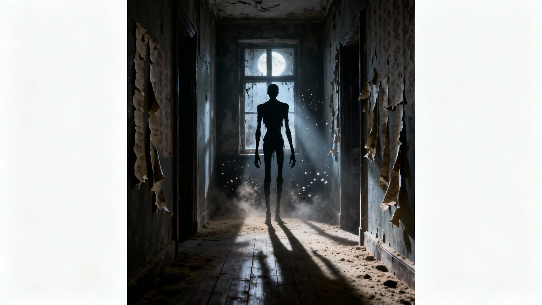 A creepy, photorealistic image of a tall, shadowy figure with long limbs standing at the end of a dark, decaying hallway, creating a sense of horror and unease.