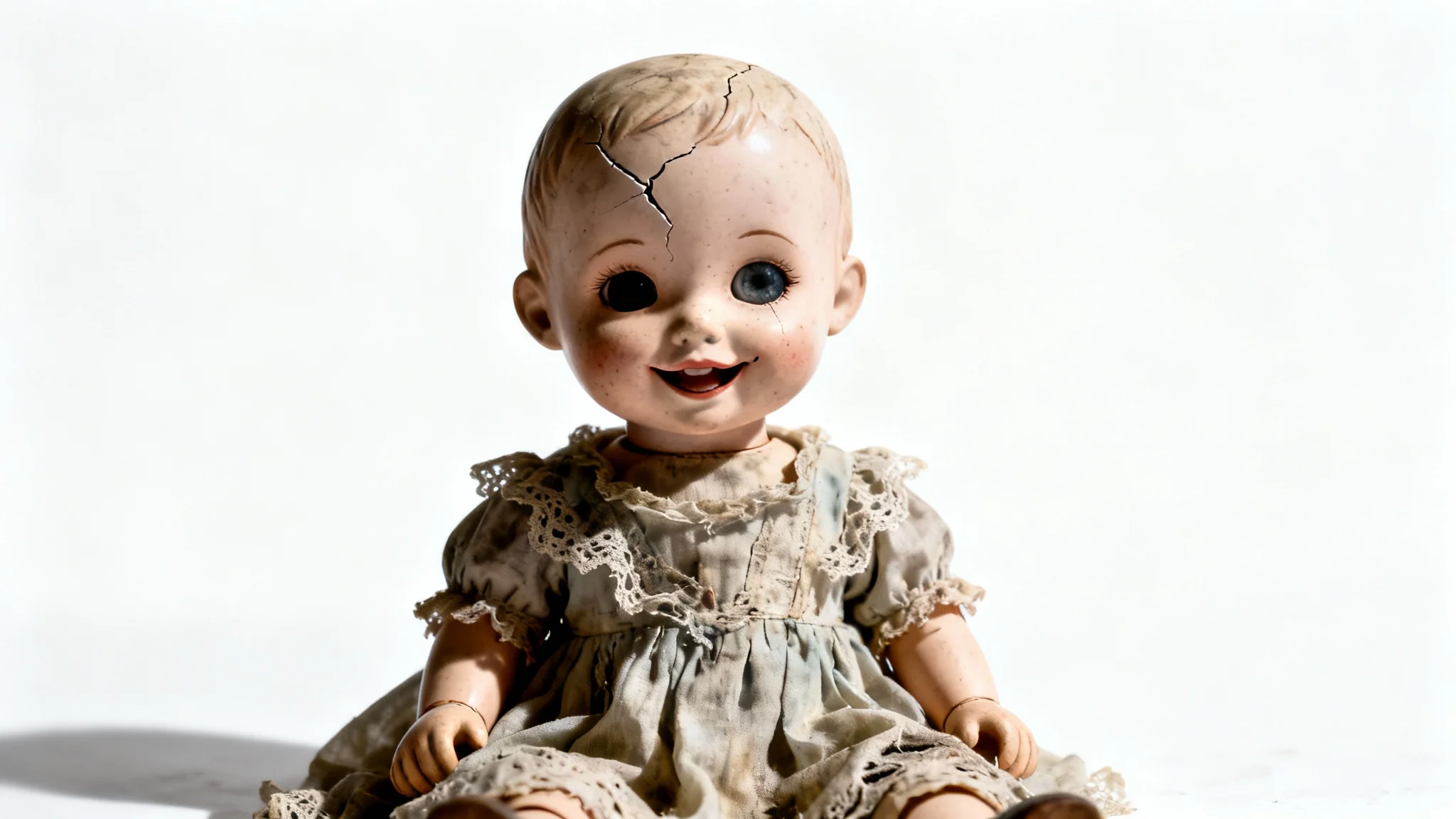 An unsettling mockup image of a creepy, antique porcelain doll with a cracked eye, sitting isolated against a plain white background.