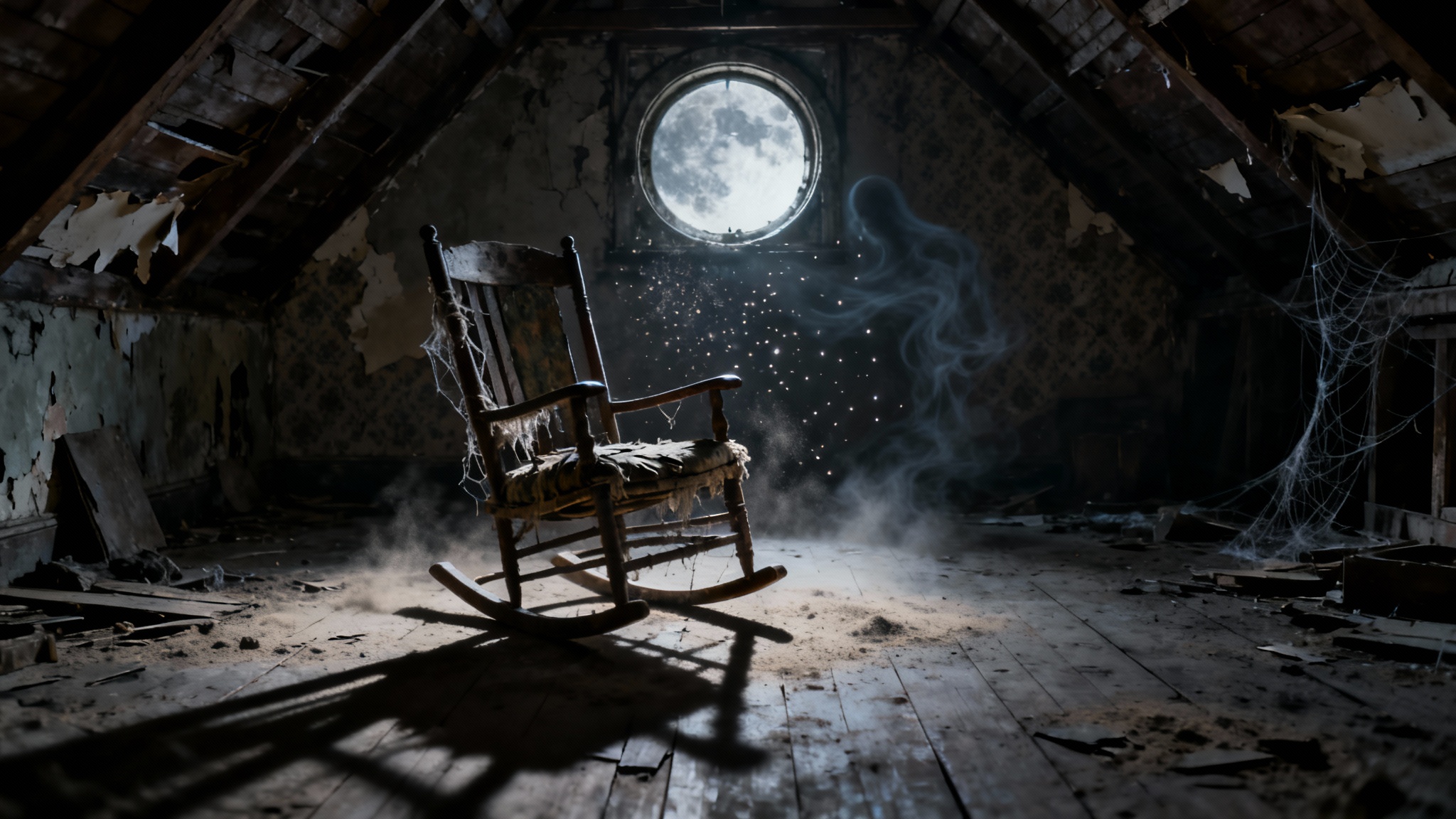 A creepy, photorealistic image of an old rocking chair in a dark, dusty attic, with a single beam of moonlight creating long, eerie shadows.