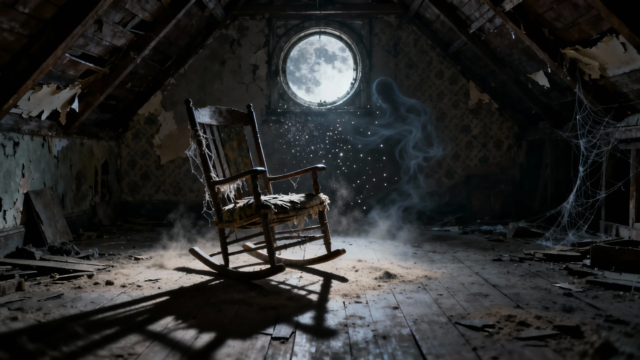 A creepy, photorealistic image of an old rocking chair in a dark, dusty attic, with a single beam of moonlight creating long, eerie shadows.